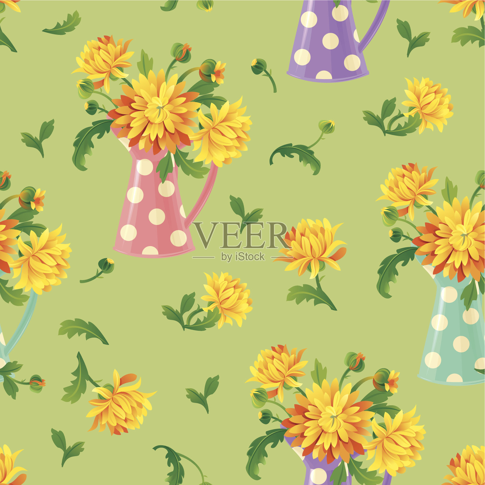 彩色罐子里的黄色菊花插画图片素材