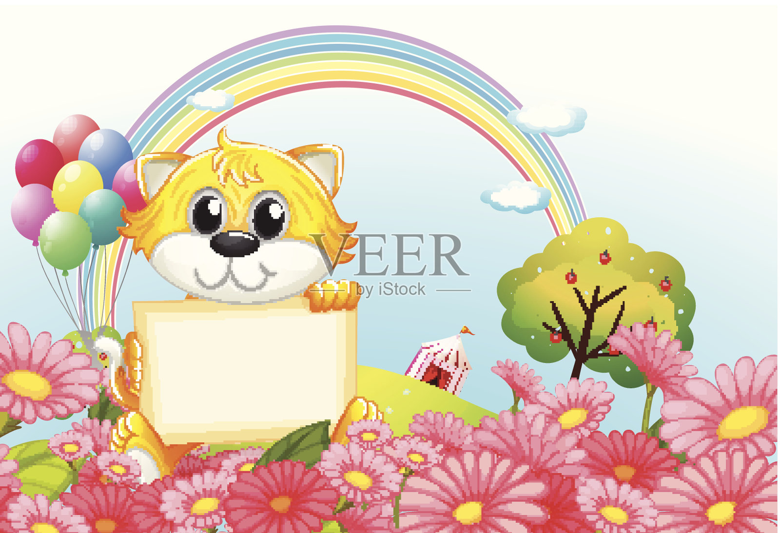 猫在花园里拿着一块空木板插画图片素材