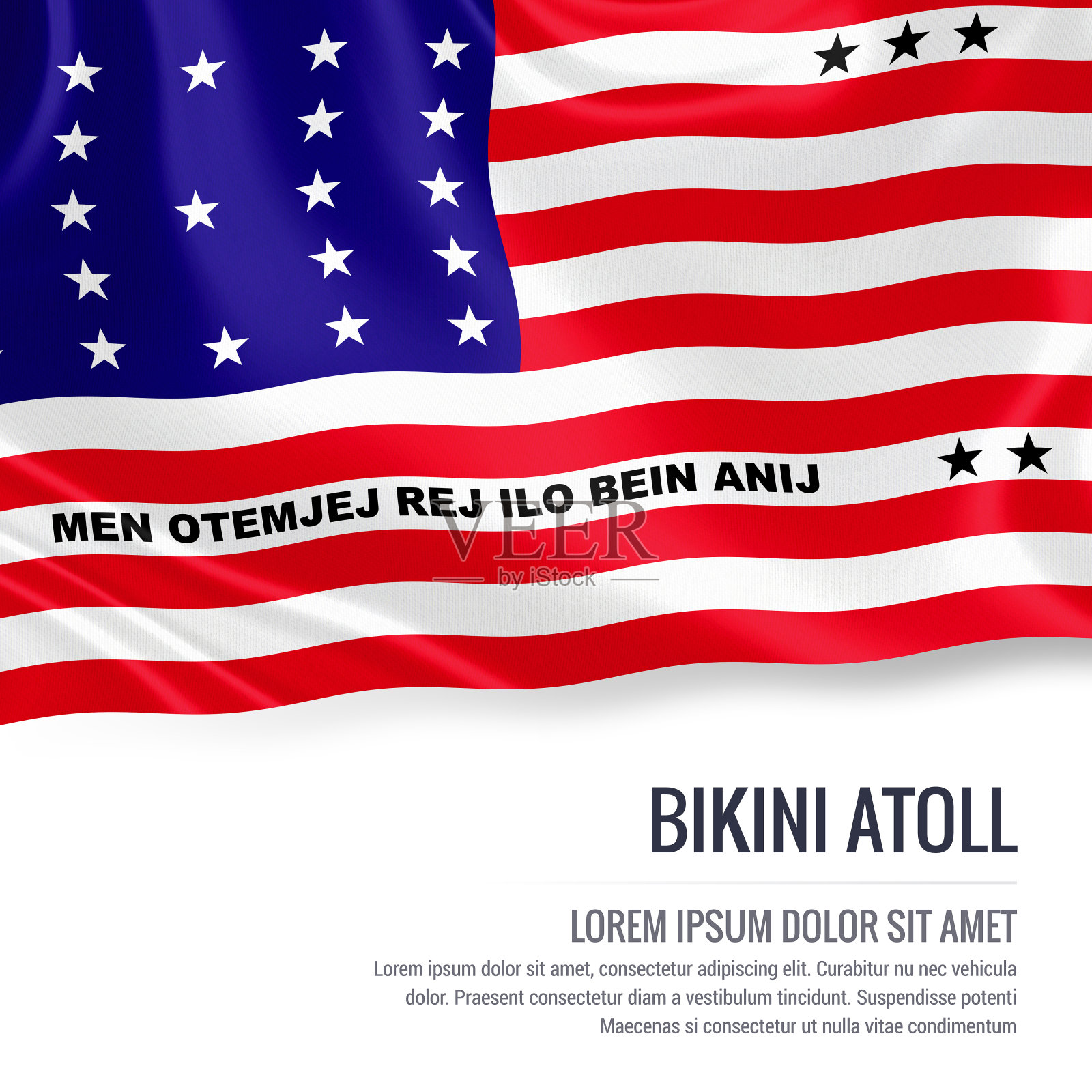 比基尼环礁国旗。光滑的比基尼环礁旗帜在一个孤立的白色背景与白色文本区域为您的广告信息。3 d渲染。照片摄影图片