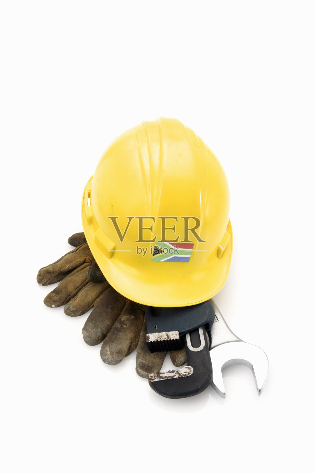 戴着南非国旗的安全帽照片摄影图片