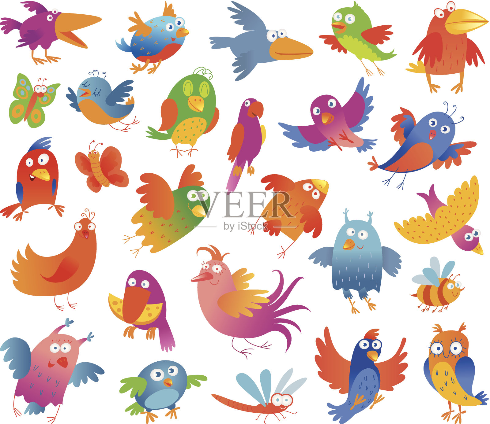 有趣的色彩斑斓的小鸟插画图片素材
