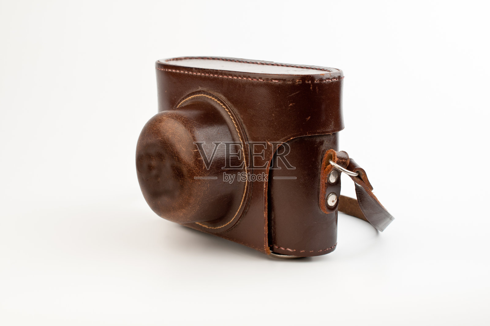 旧皮革相机盒棕色带子白色背景照片摄影图片