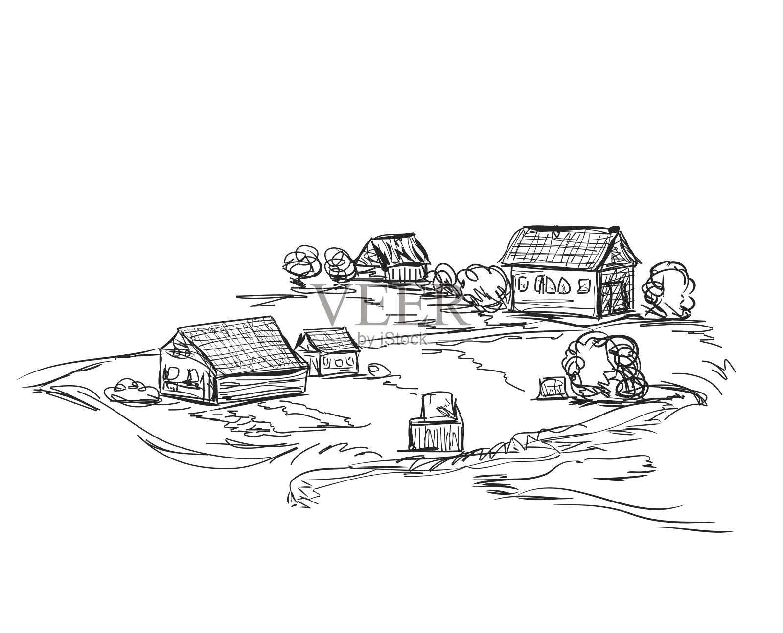 在村庄。风景素描插画图片素材