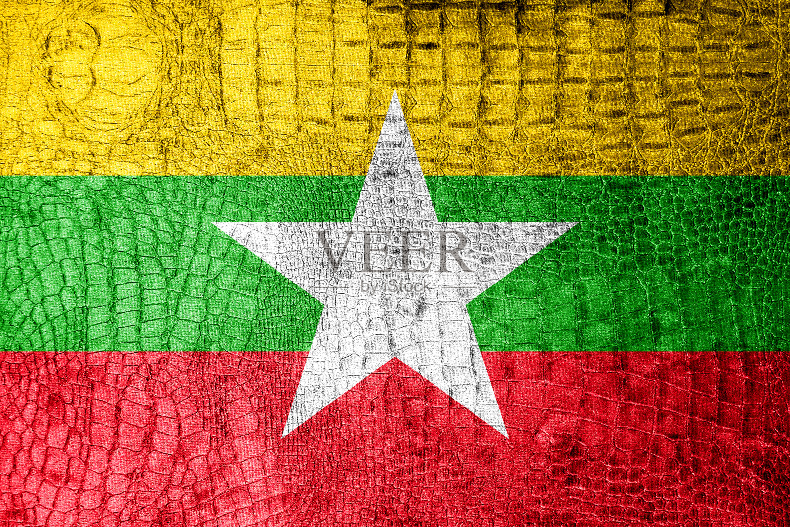 缅甸国旗上绘有奢华的鳄鱼纹理照片摄影图片