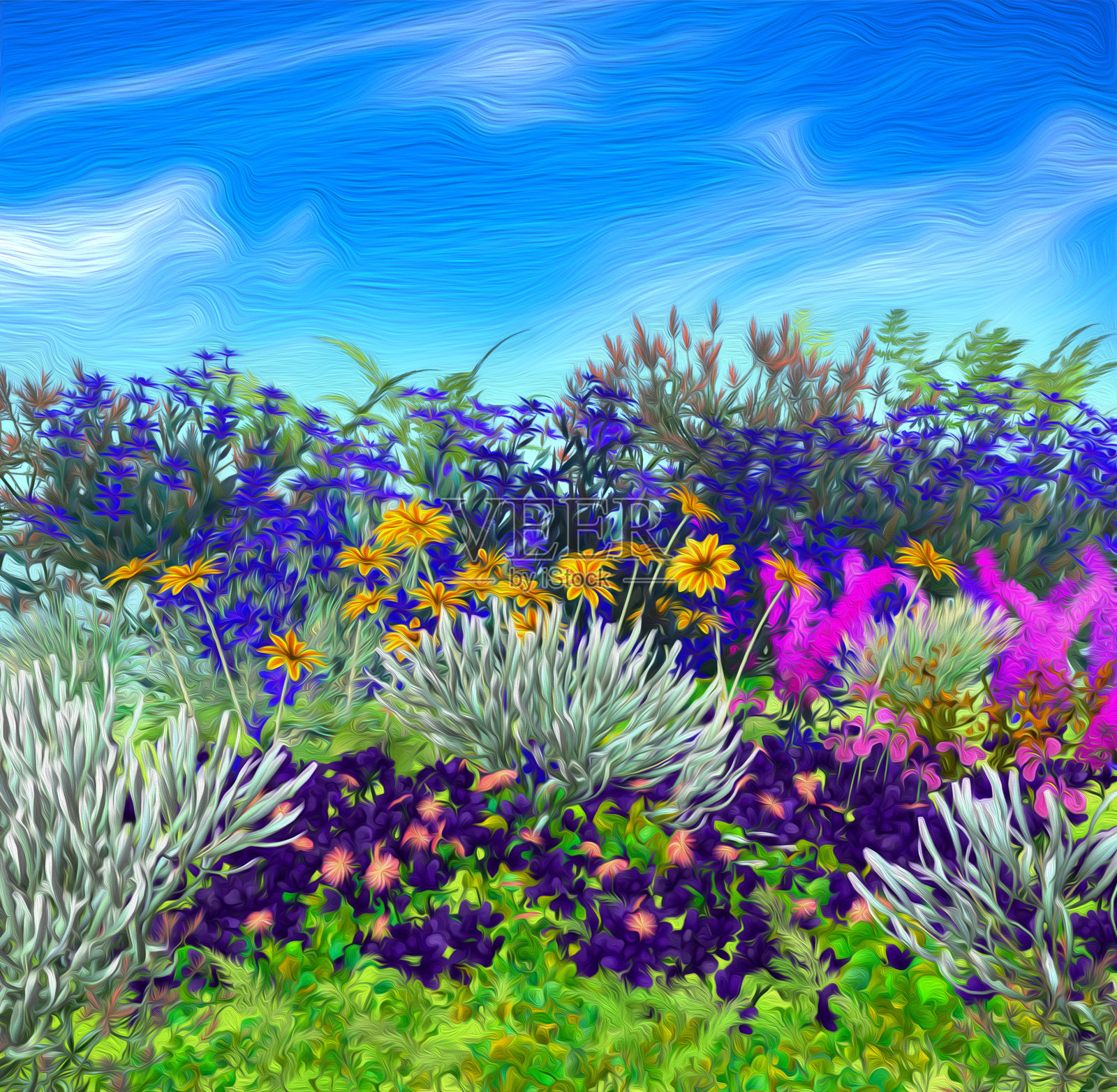 程式化的花园渲染的五颜六色的花插画图片素材