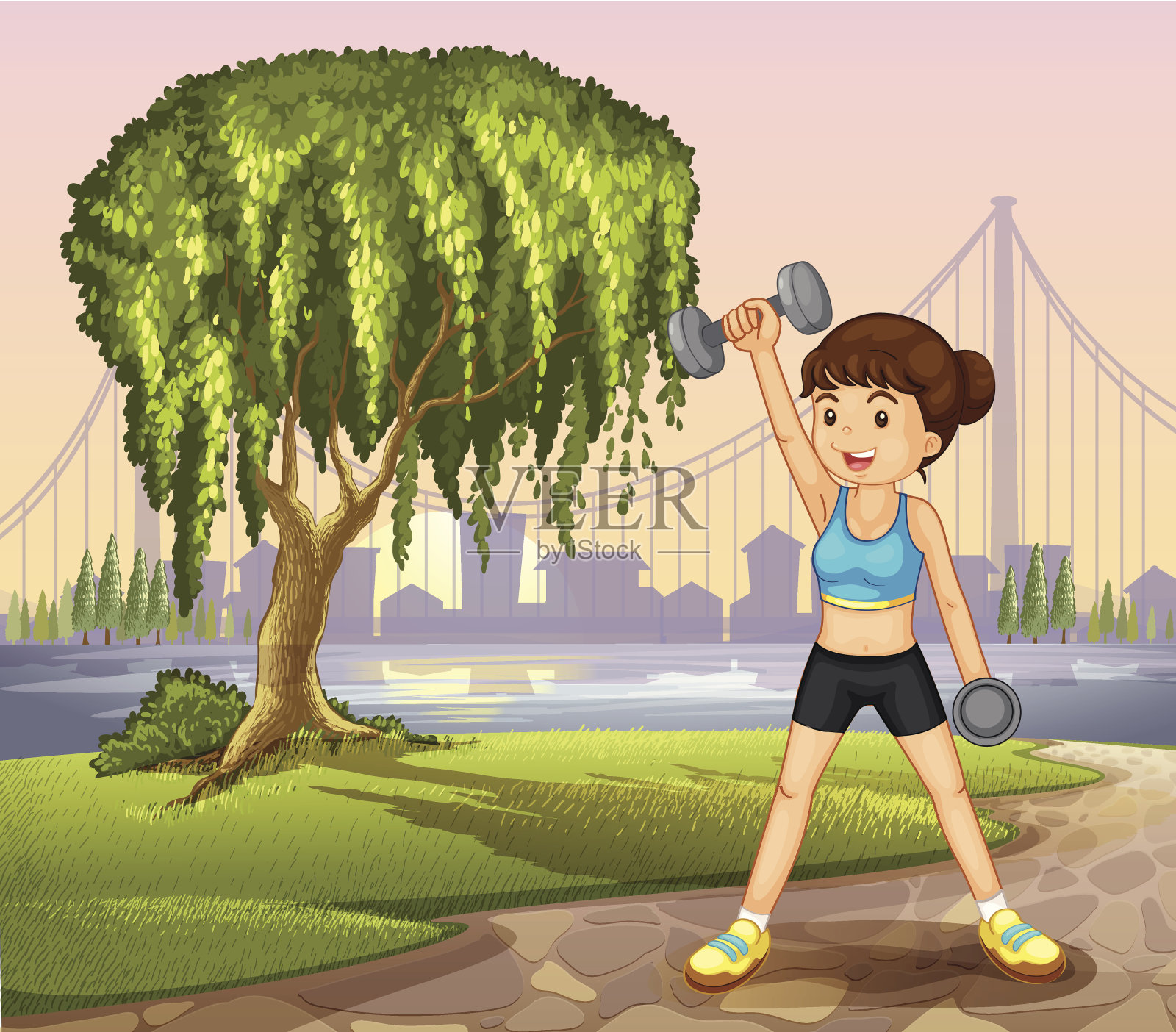 女孩在大树旁锻炼插画图片素材