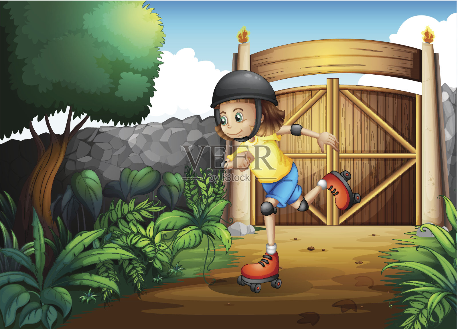 女孩在高门里滑旱冰插画图片素材