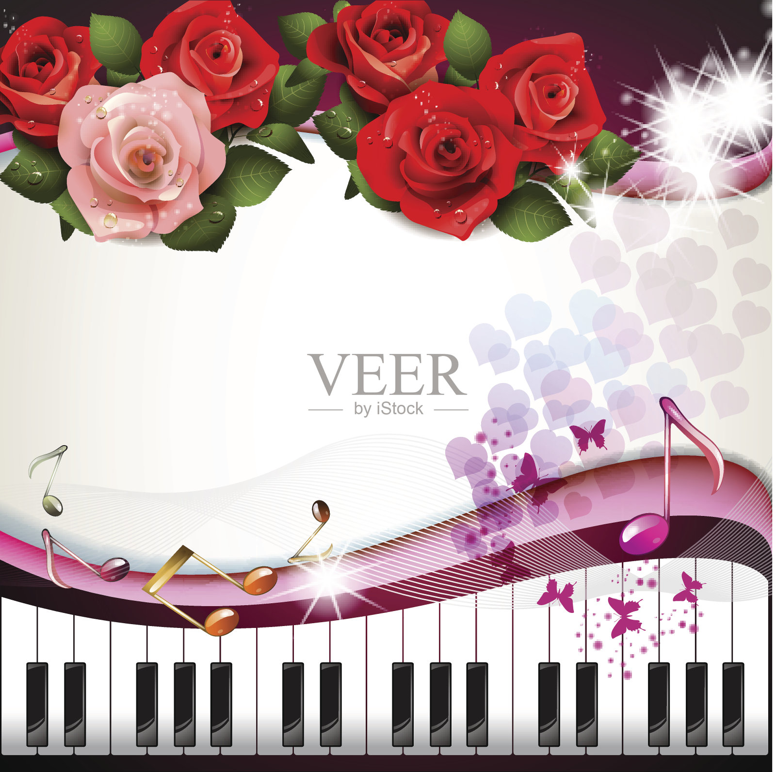 带着玫瑰的琴键插画图片素材