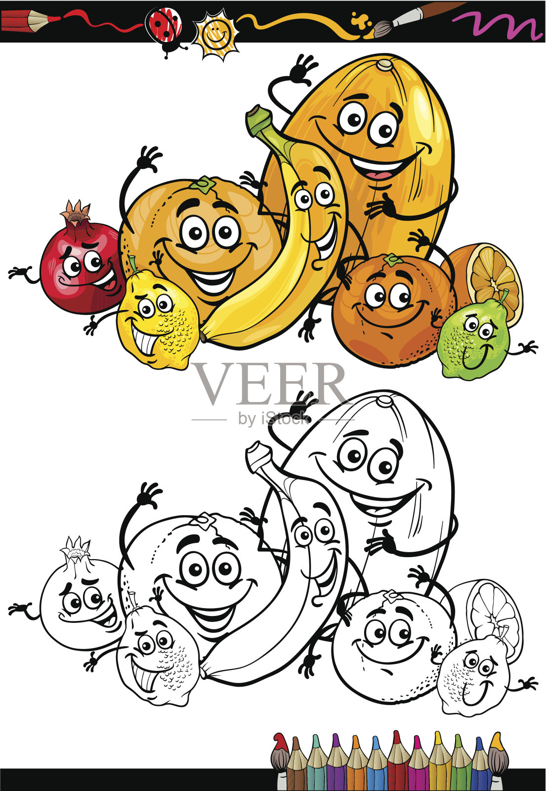 卡通柑橘着色书插画图片素材