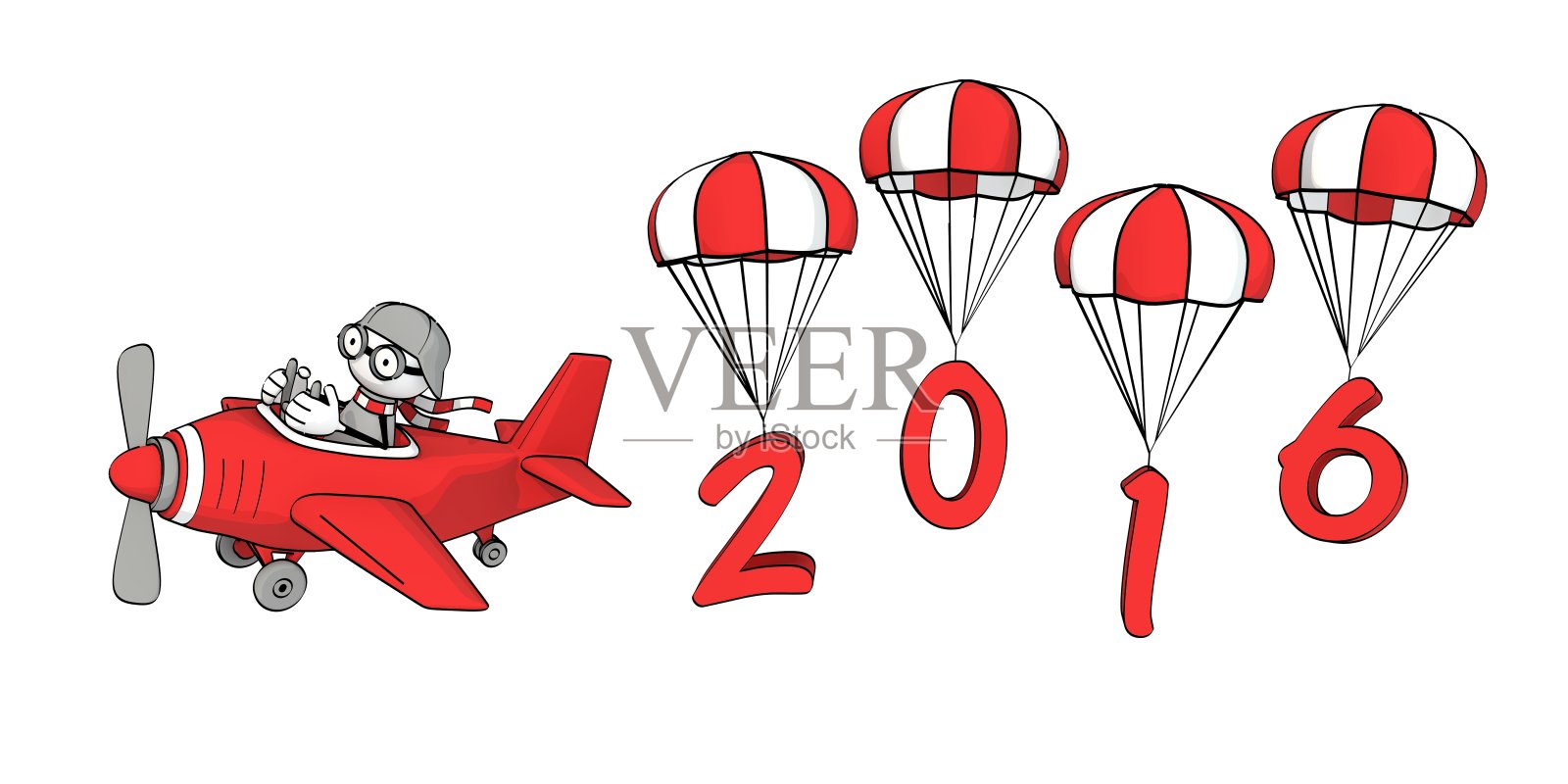 小不点驾驶着红色飞机，还有2016年的降落伞插画图片素材