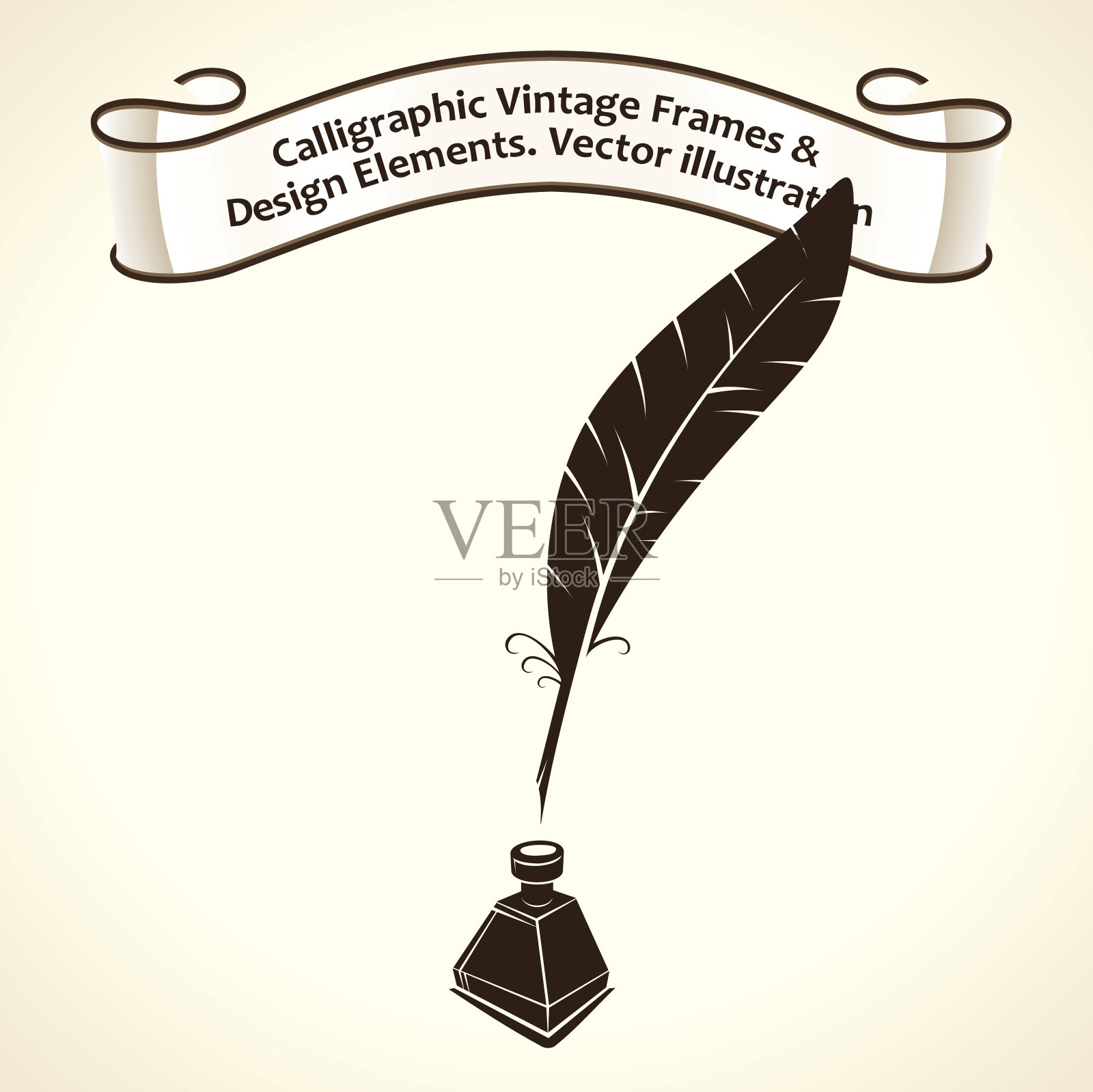 羽毛笔的墨水。书法丝带卷字母插画图片素材