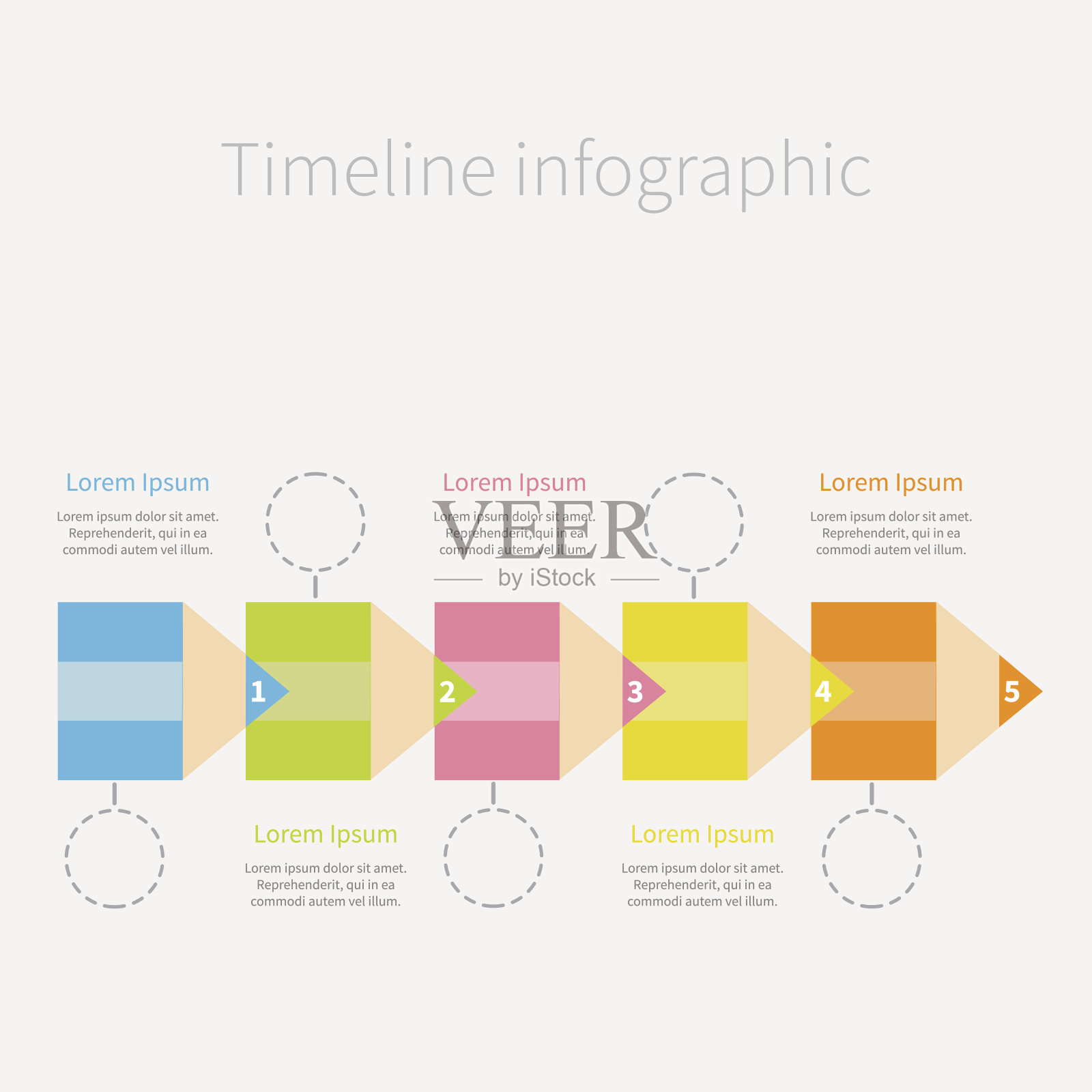 时间线信息，铅笔，丝带，破折号，圆圈文本。五步平插画图片素材
