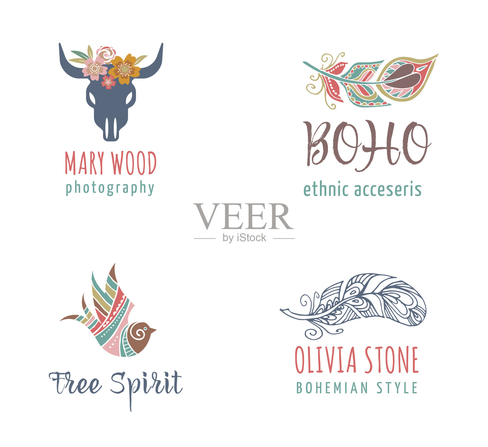 波希米亚，部落，民族标志设置羽毛和鸟插画图片素材