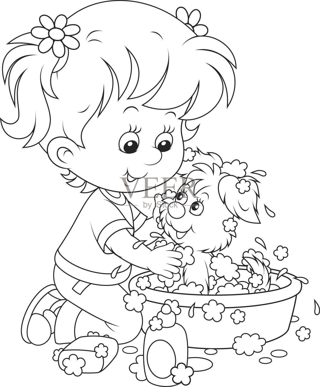 女孩给她的小狗洗澡插画图片素材