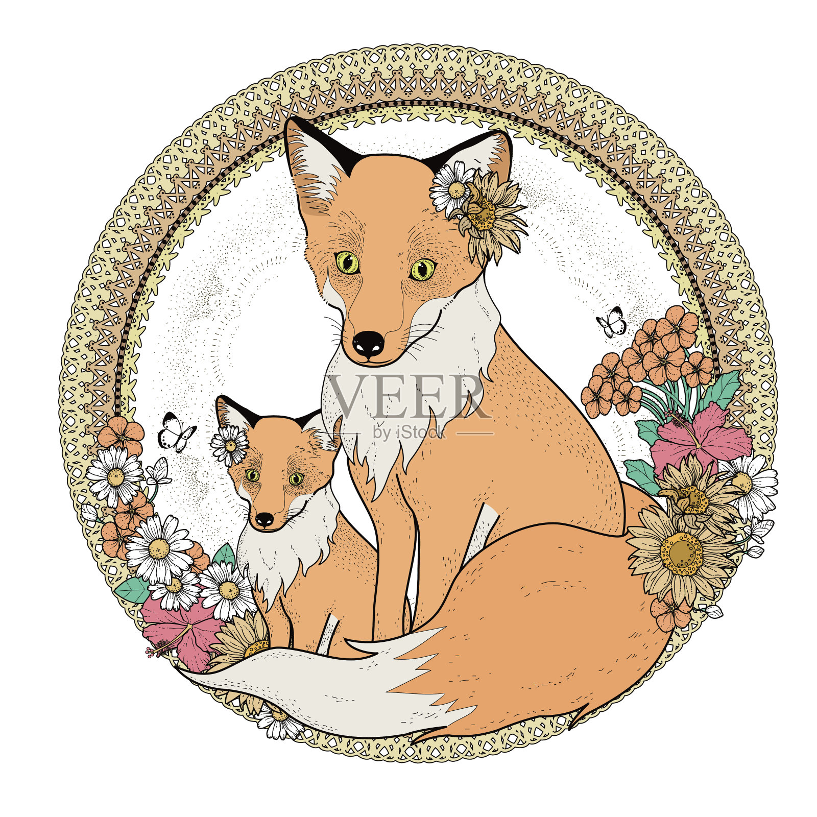 可爱的狐狸涂色页设计元素图片