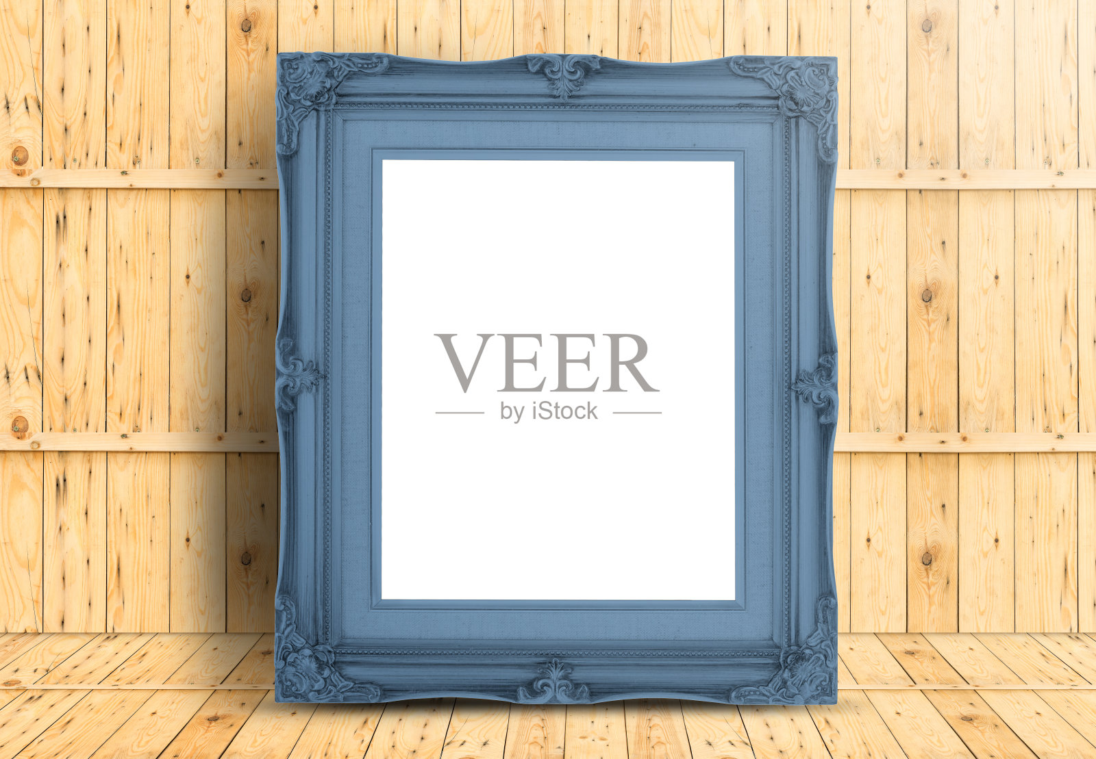 空白蓝色复古框架在木地板和木墙上照片摄影图片
