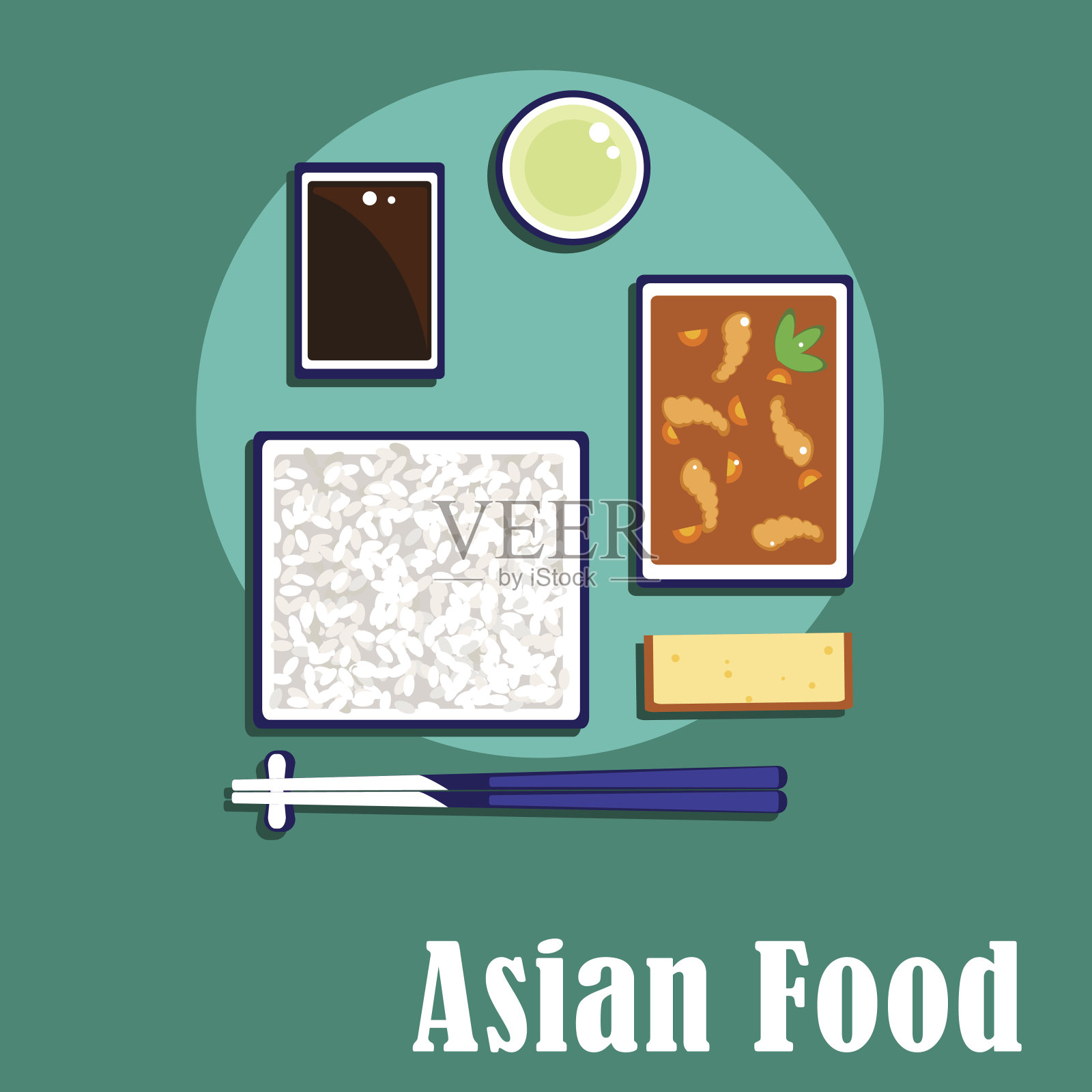 韩国菜用虾、米饭和酱插画图片素材