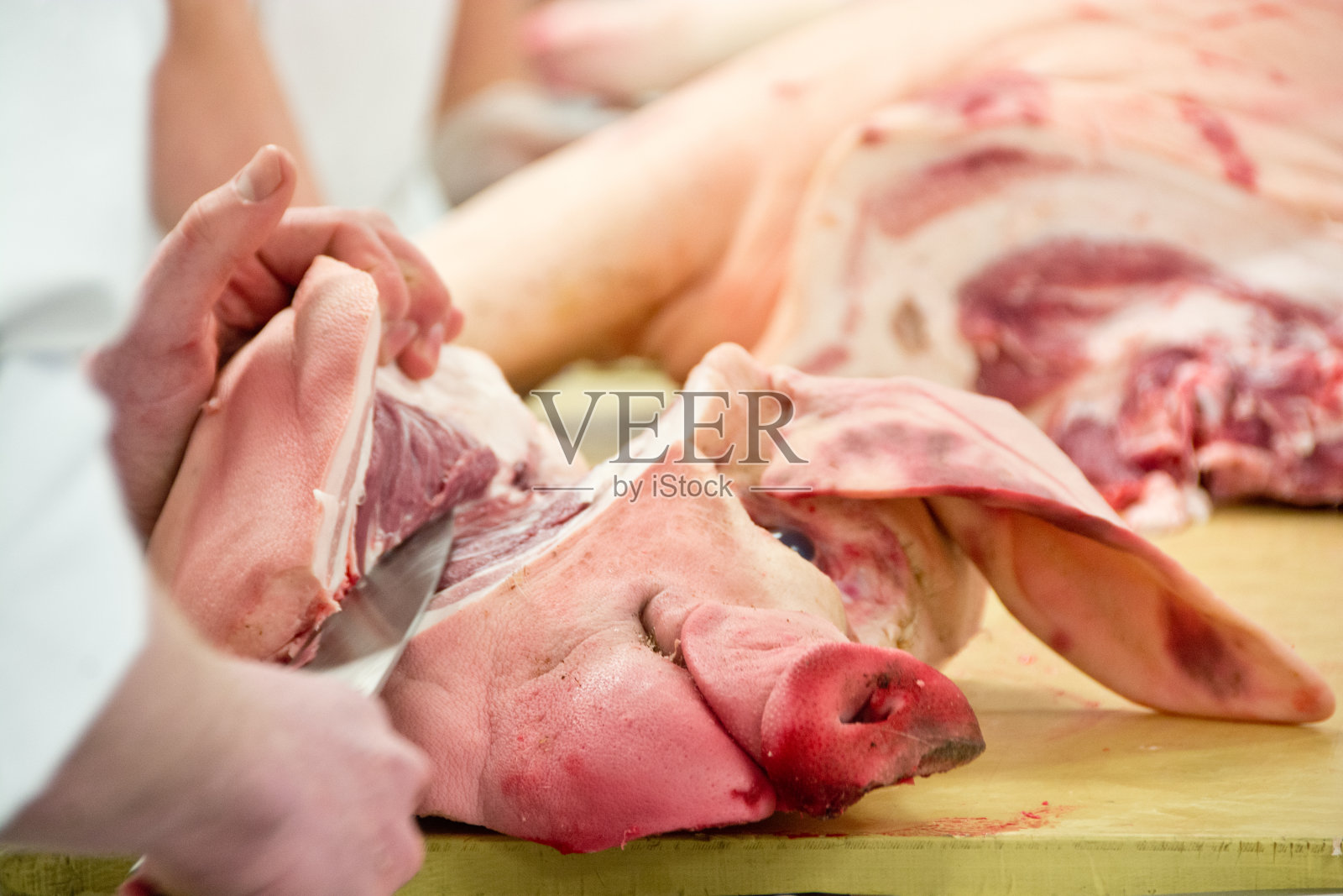 屠夫从猪肉脸上切下脸颊照片摄影图片