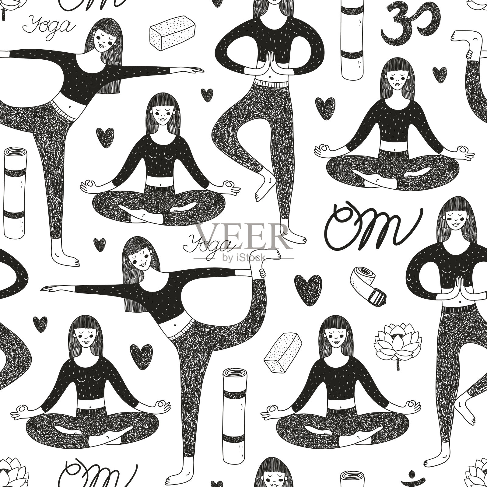 矢量无缝模式与可爱的女孩做瑜伽插画图片素材