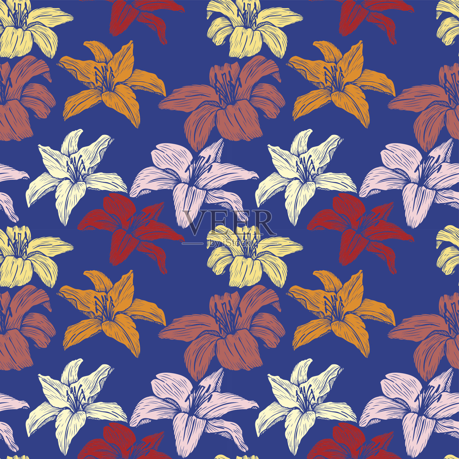 向量无缝花图案百合插画图片素材