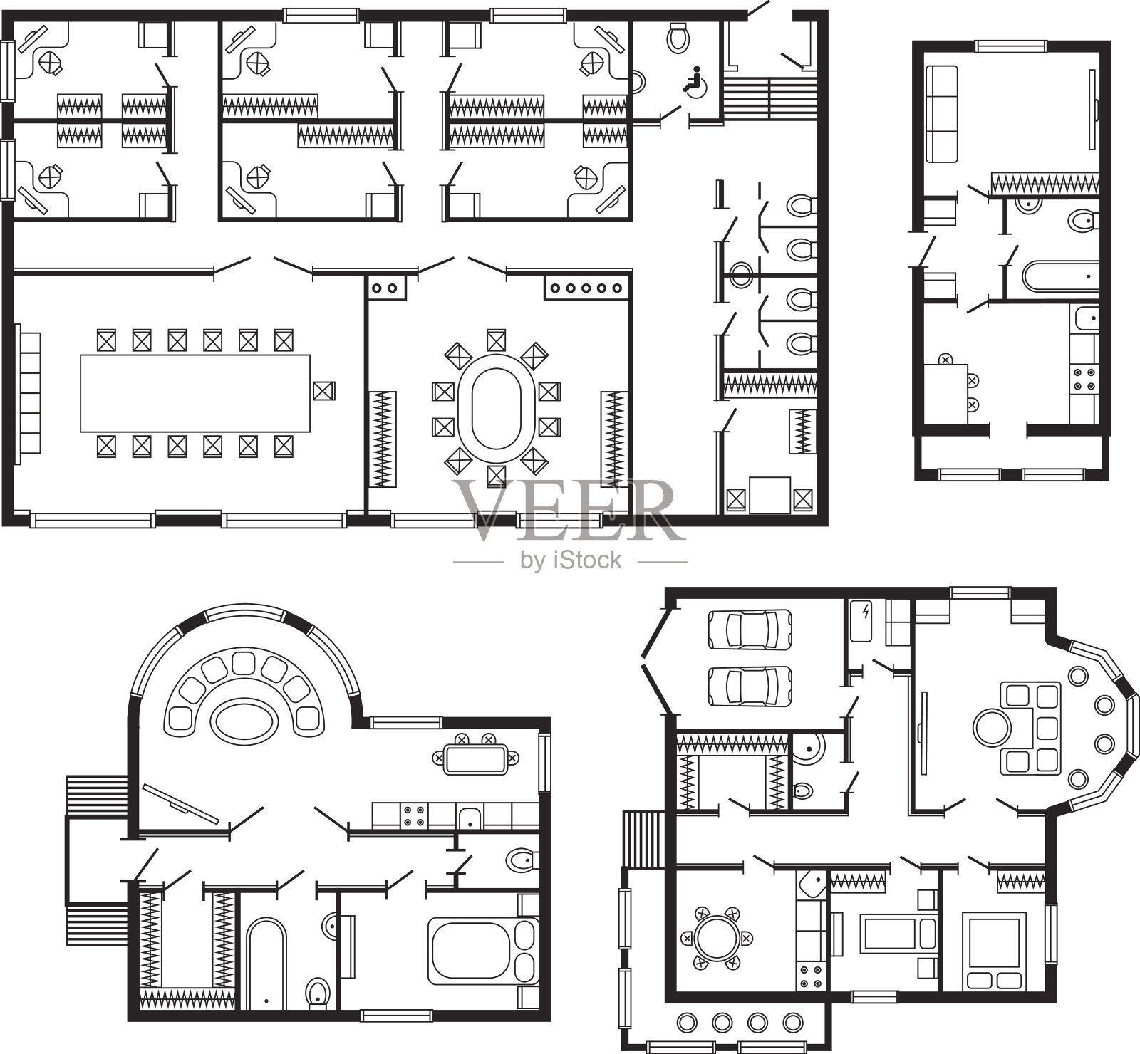 现代办公建筑平面、室内家具及施工图设计项目插画图片素材