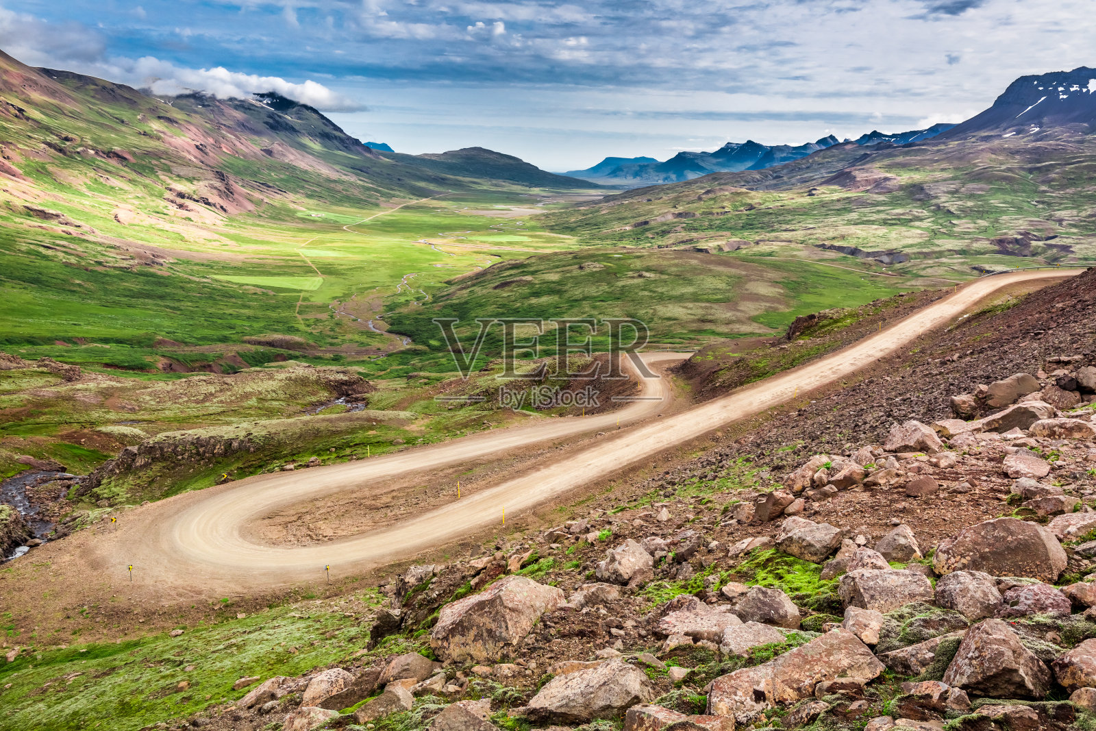 蜿蜒的山路通向冰岛的山谷照片摄影图片