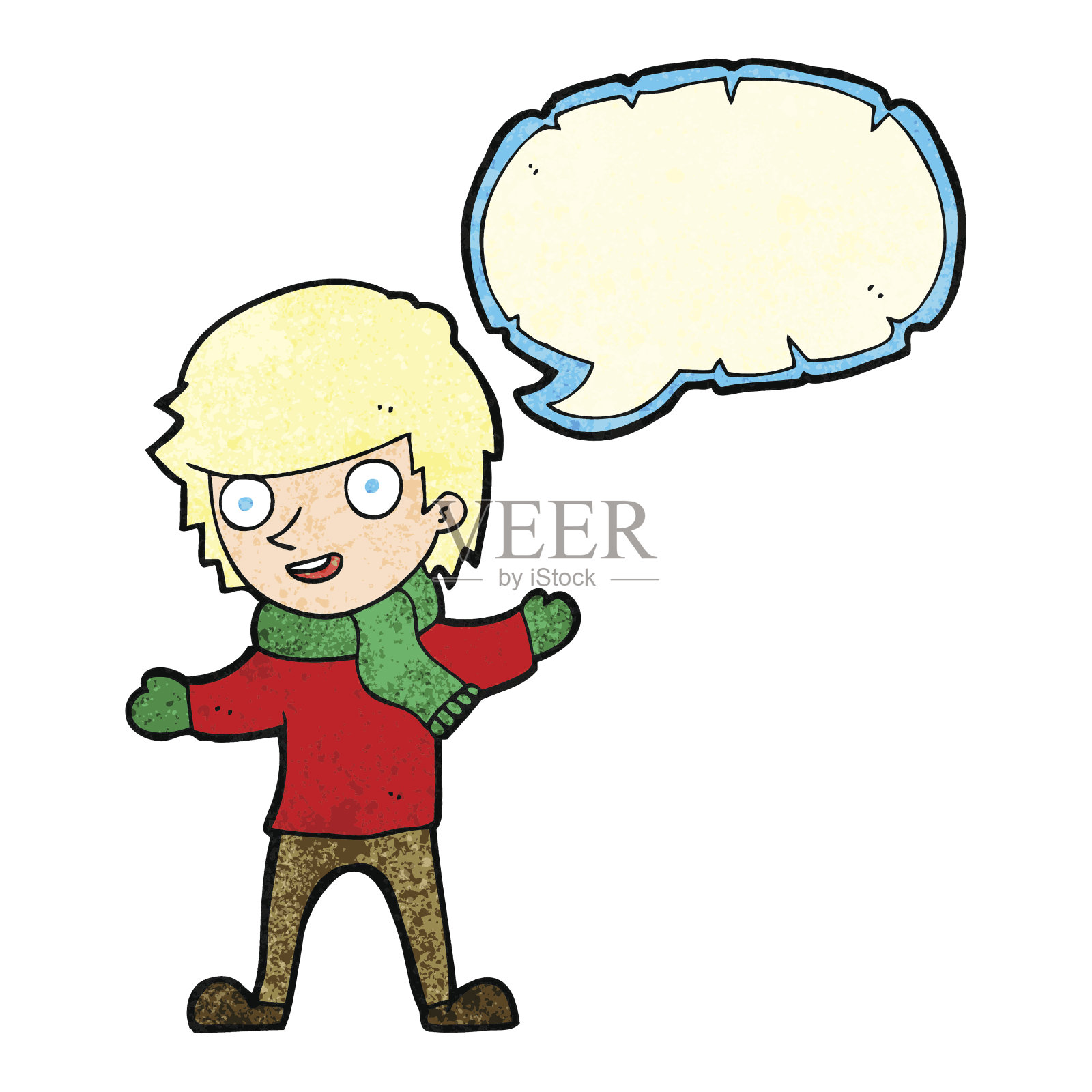 卡通男孩在冬天的衣服与讲话泡泡插画图片素材