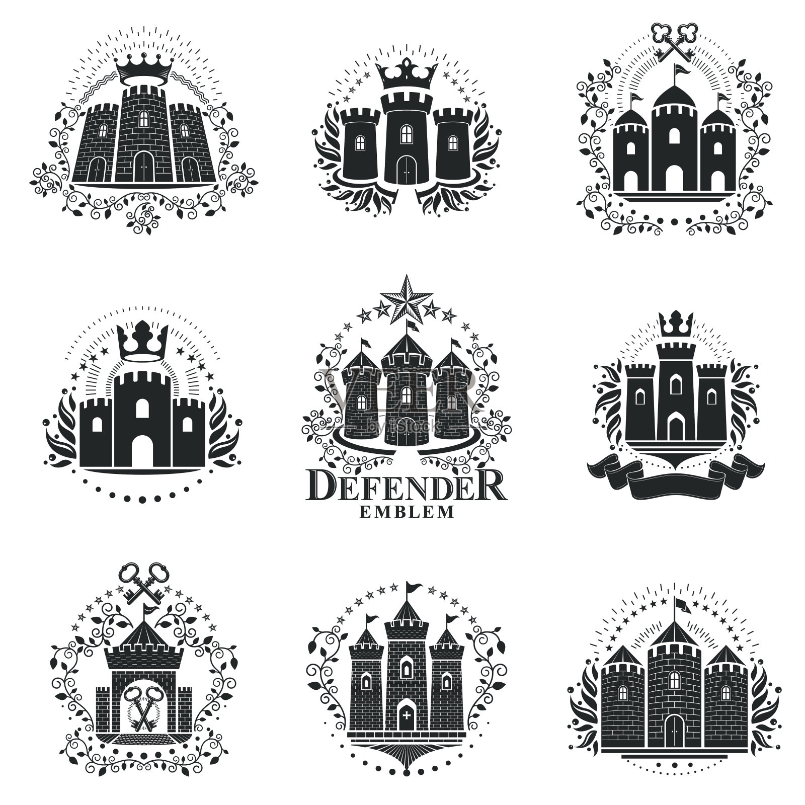 古城堡的标志。纹章的盾形纹章装饰标志孤立的矢量插图收集。插画图片素材