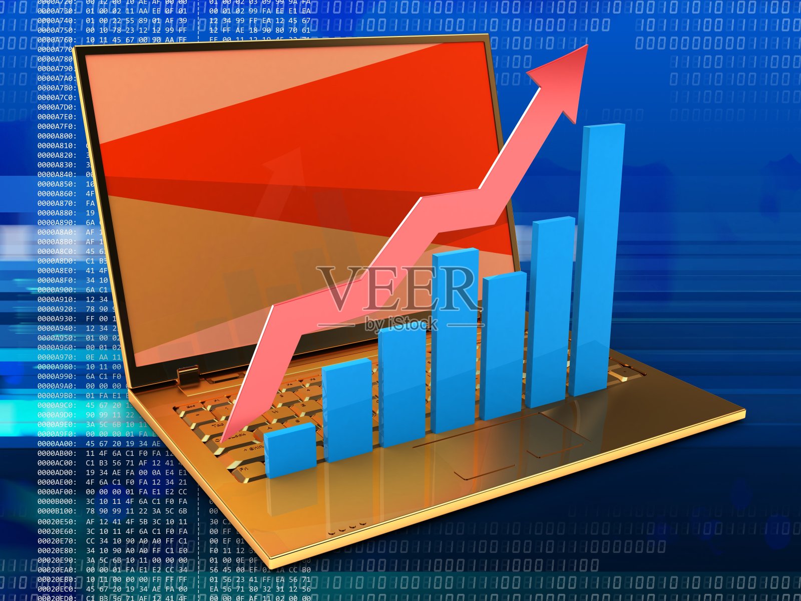 3d黄金电脑和上升图表照片摄影图片