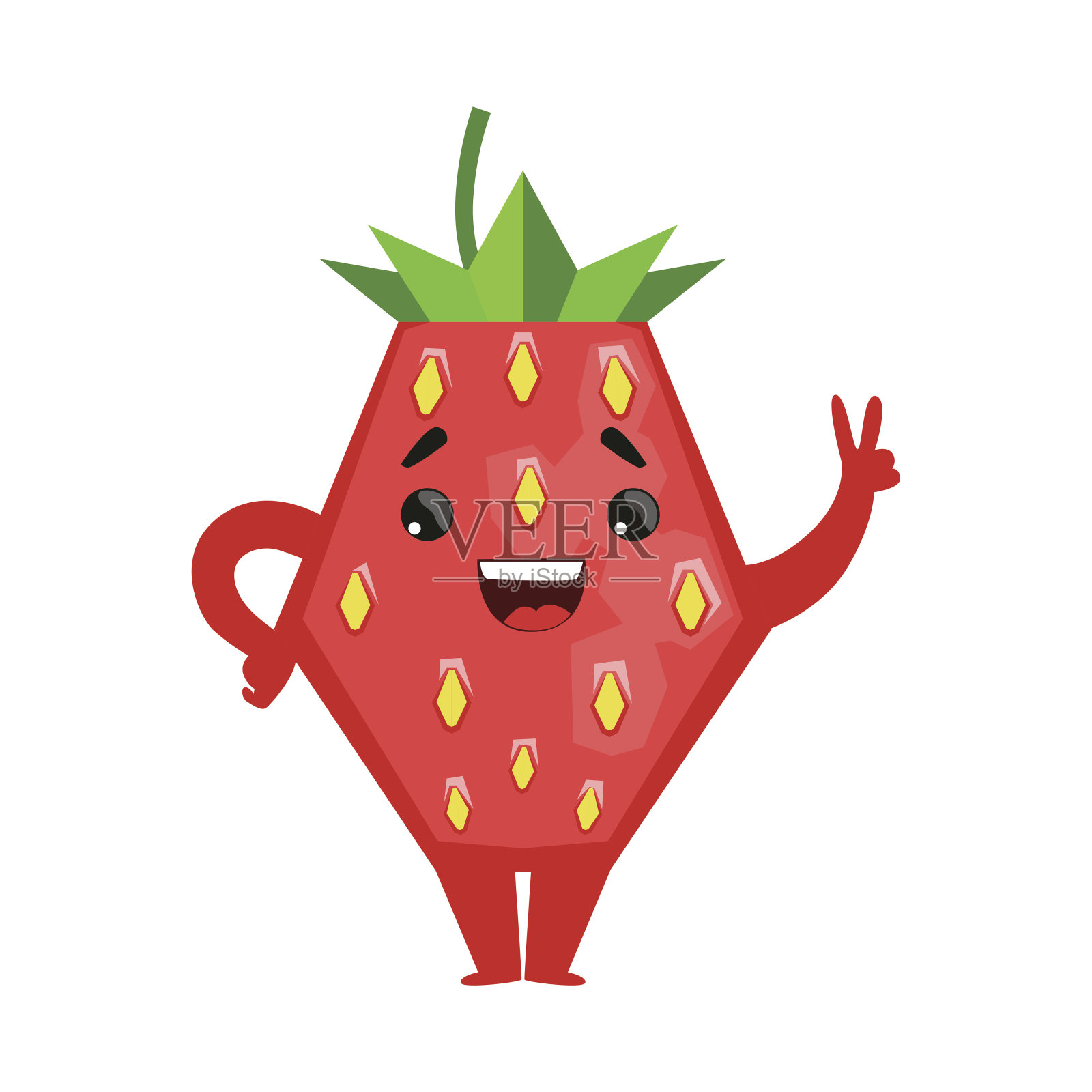 微笑的草莓显示胜利的标志。可爱的卡通表情符号字符向量插图插画图片素材