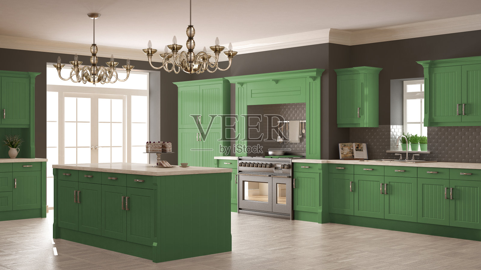 经典的厨房，斯堪的纳维亚简约的室内设计与木制和绿色的细节照片摄影图片