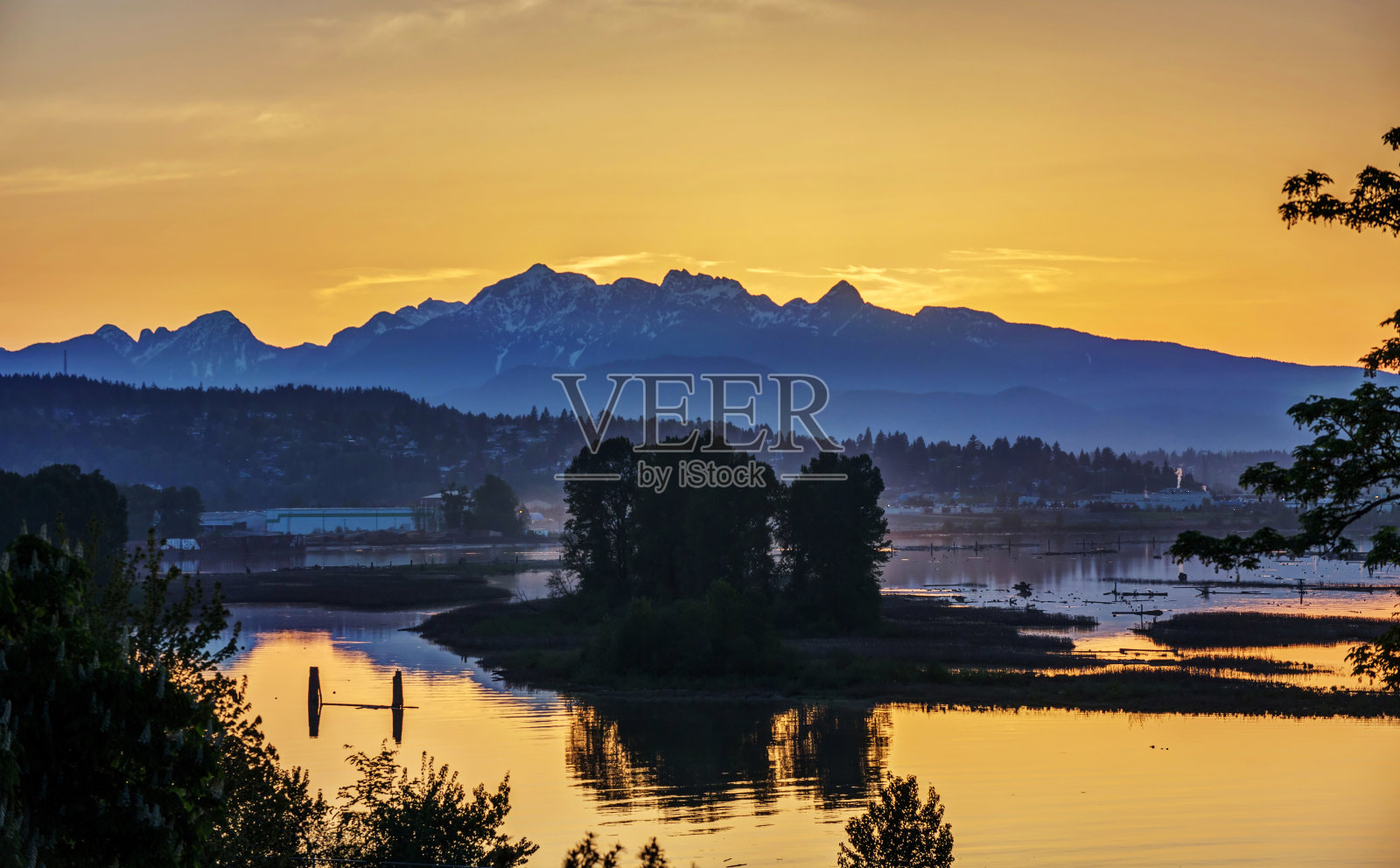 日出前的金耳朵山和弗雷泽河照片摄影图片