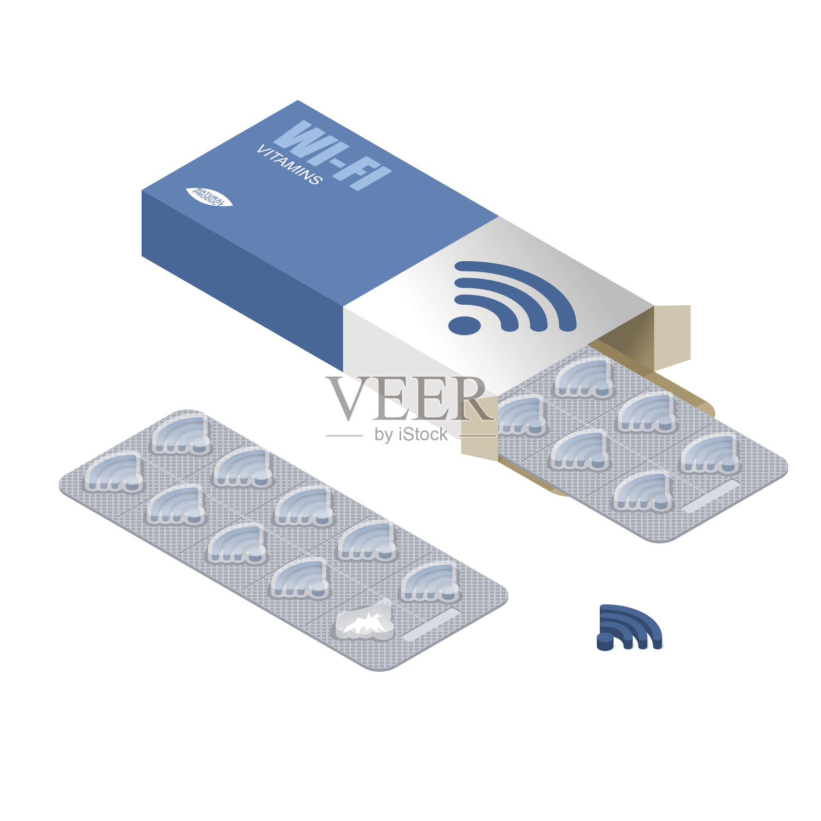 一包Wi-Fi药丸。平板电脑在盒子里。天然产品无线传输互联网。Wifi药丸。医学技术。医疗药物插画图片素材