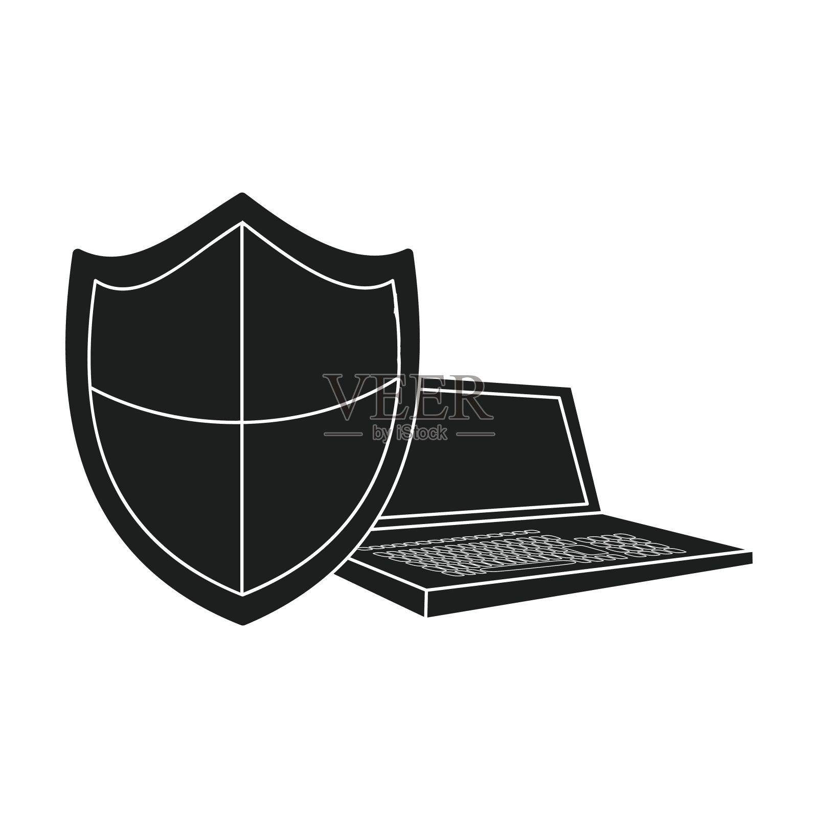 数据安全的笔记本电脑图标在黑色风格隔离在白色背景。黑客和黑客股票矢量图符号。插画图片素材