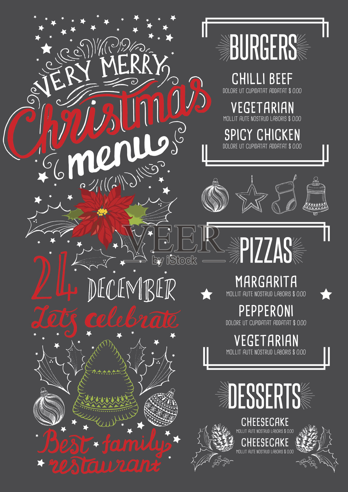 新年欢迎会邀请餐厅。圣诞食品菜单。设计模板素材