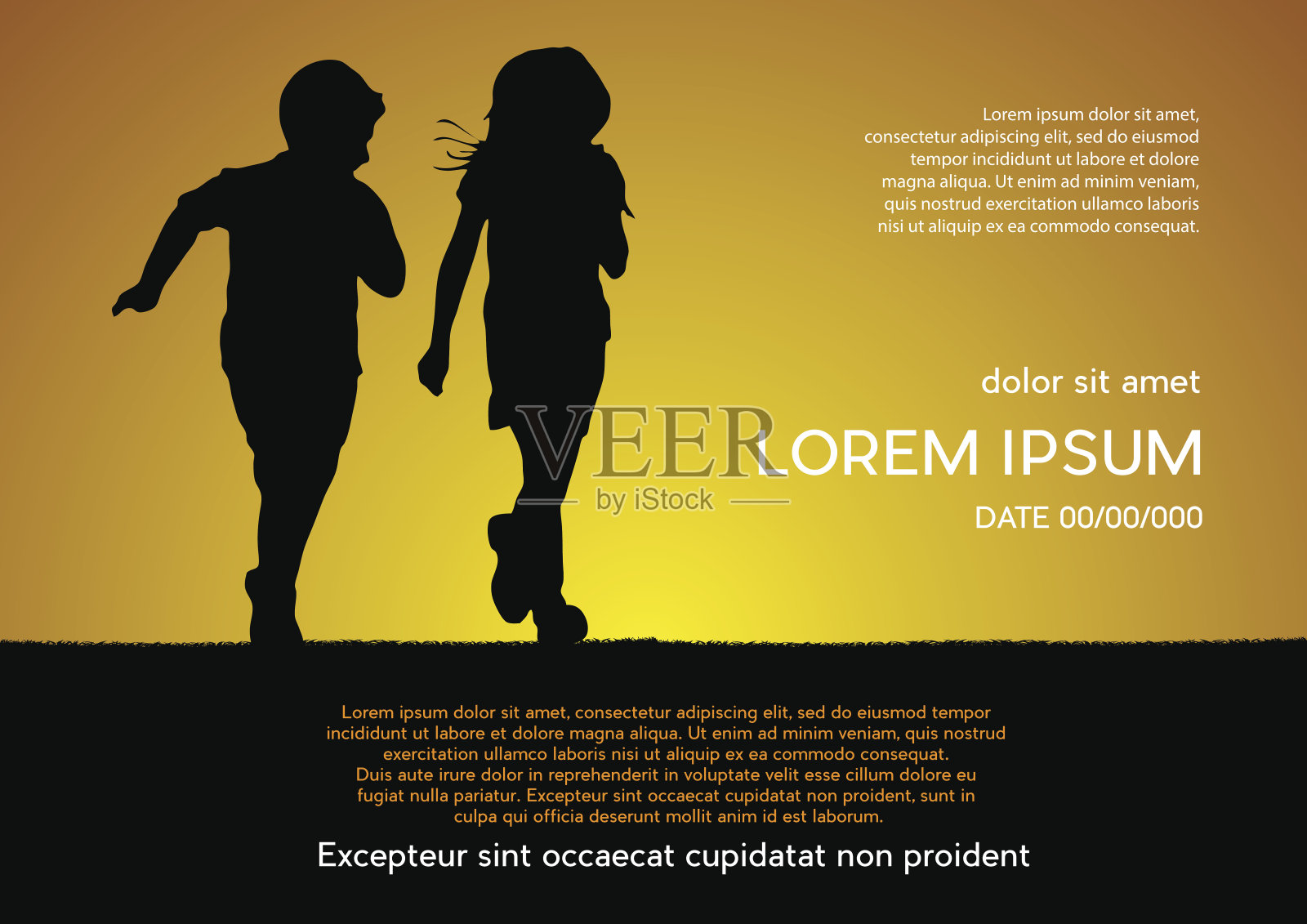 孩子们玩比赛在日落，矢量海报和背景。设计模板素材