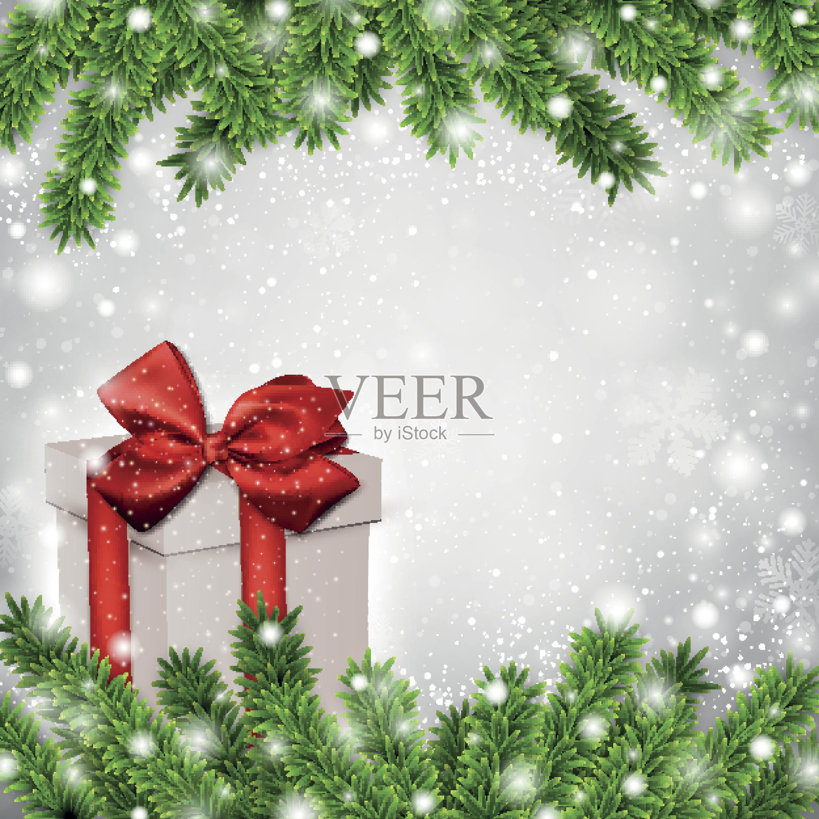 圣诞背景与冷杉树枝礼物盒。插画图片素材