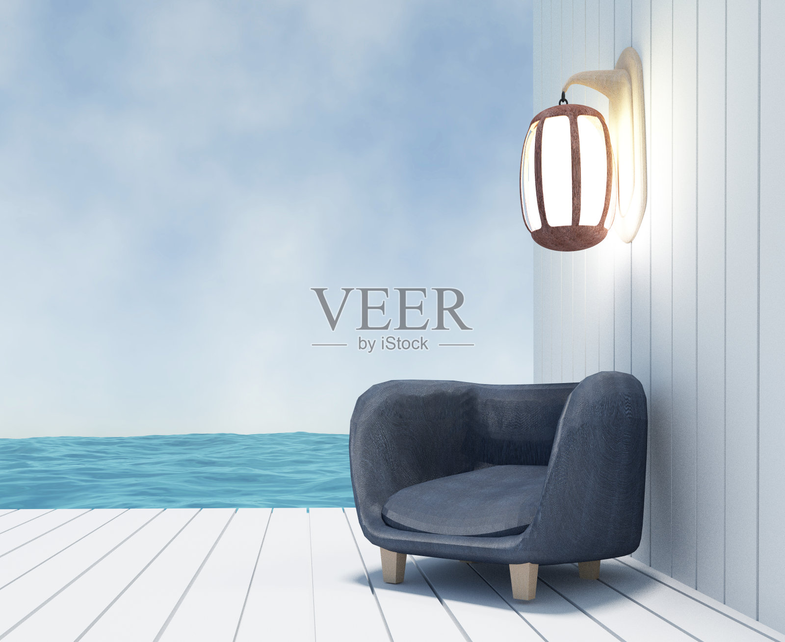 沙发与灯的海景三维渲染照片摄影图片