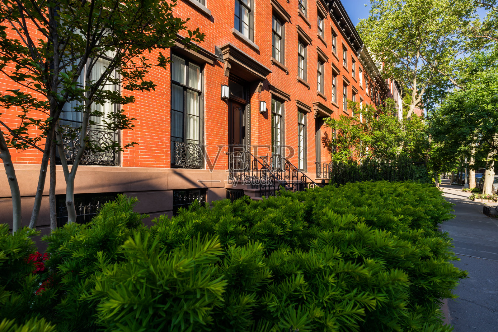 夏天，砖砌的联排别墅。切尔西。曼哈顿，纽约照片摄影图片