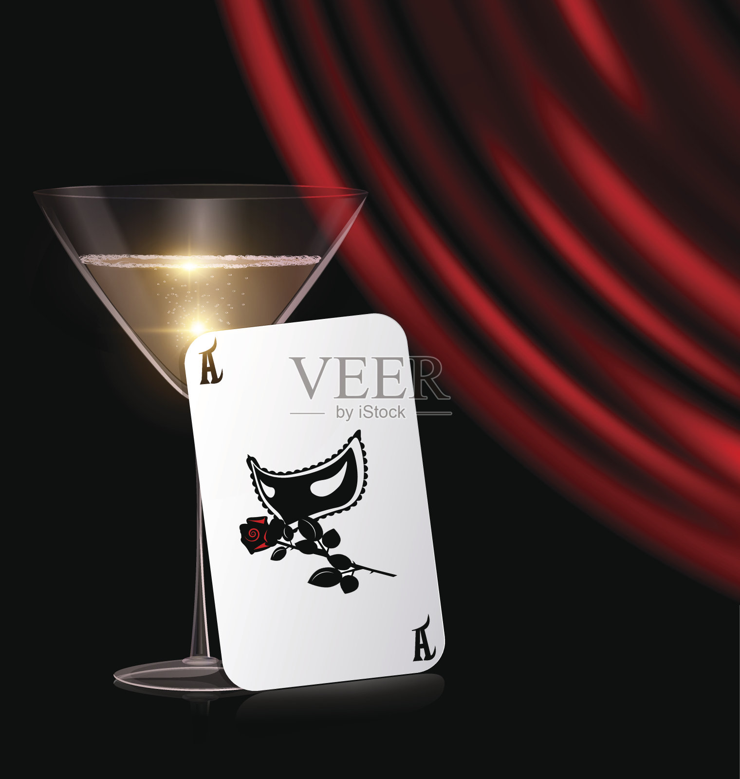 游戏卡，玻璃和红色窗帘插画图片素材