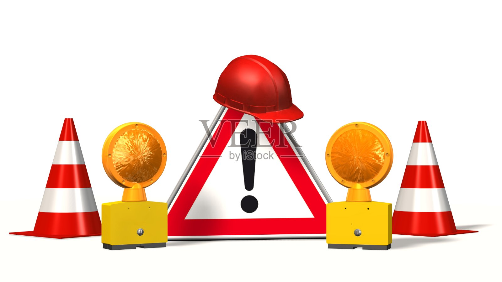 危险标志、建筑工地标志上设有塔架安全帽和隔离白色警示灯照片摄影图片