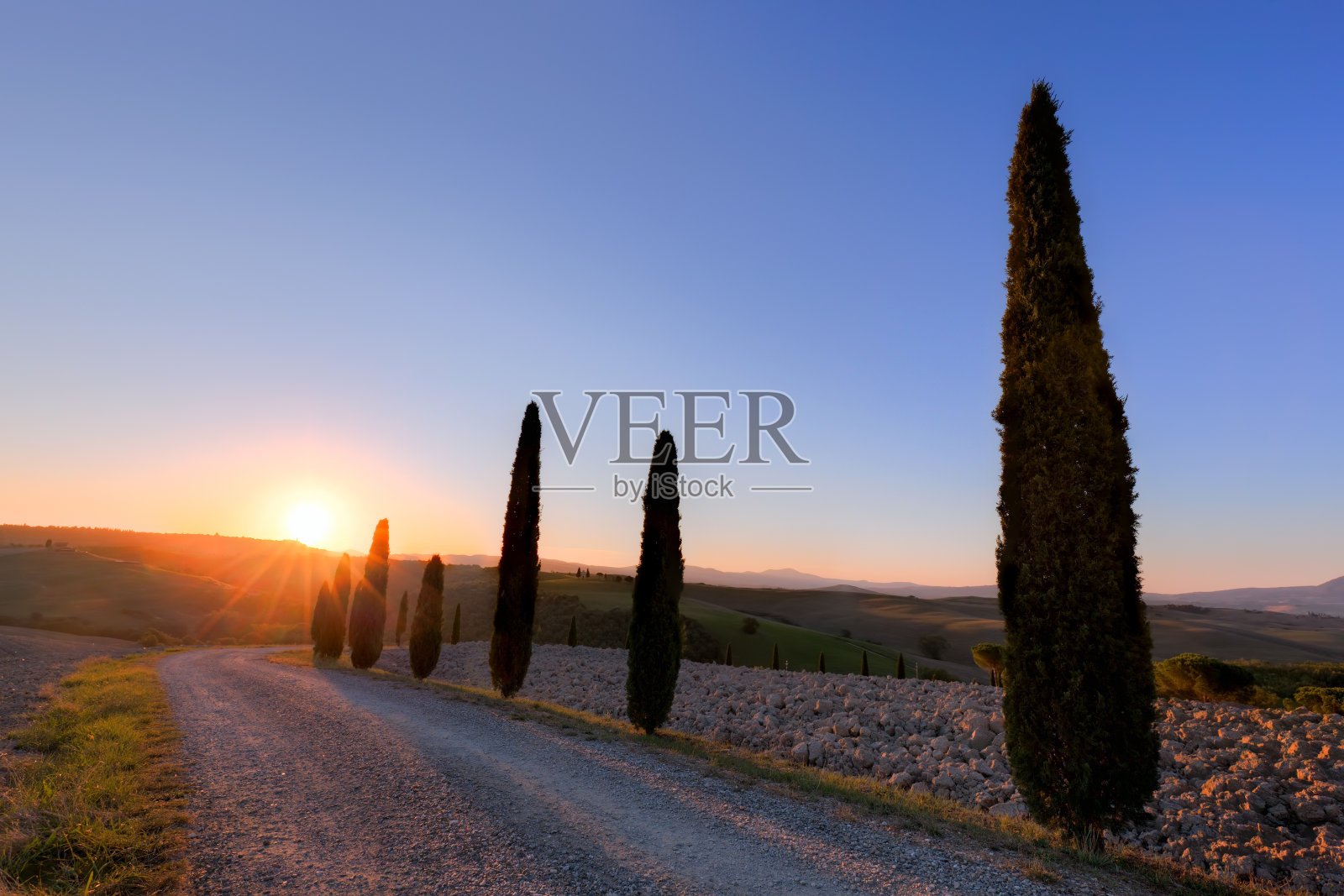 意大利托斯卡纳的柏树路，日出时分。Val d # 39; Orcia照片摄影图片