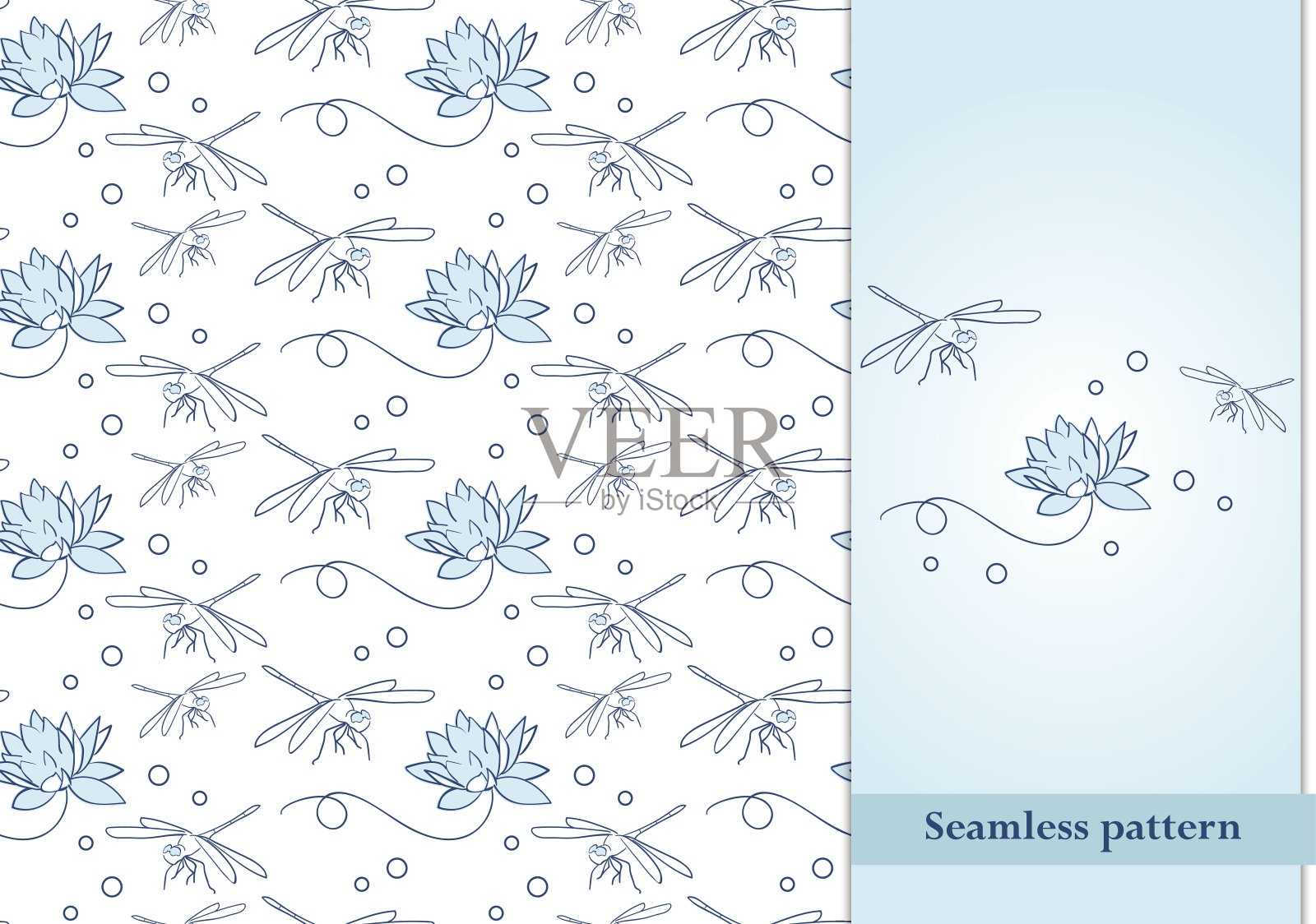 无缝模式与蜻蜓和睡莲在白色背景。矢量图插画图片素材