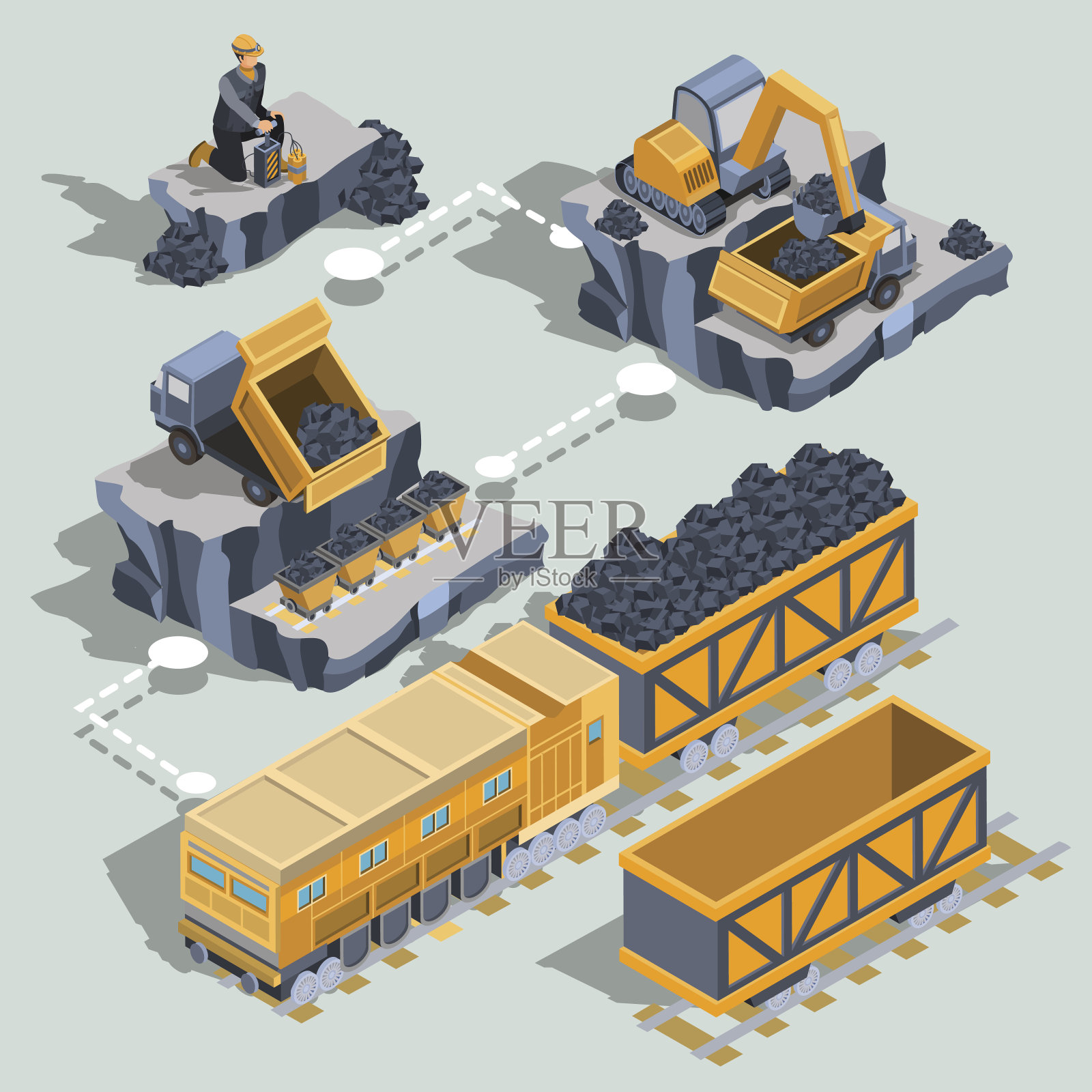 煤矿工业的向量等距孤立元素集插画图片素材