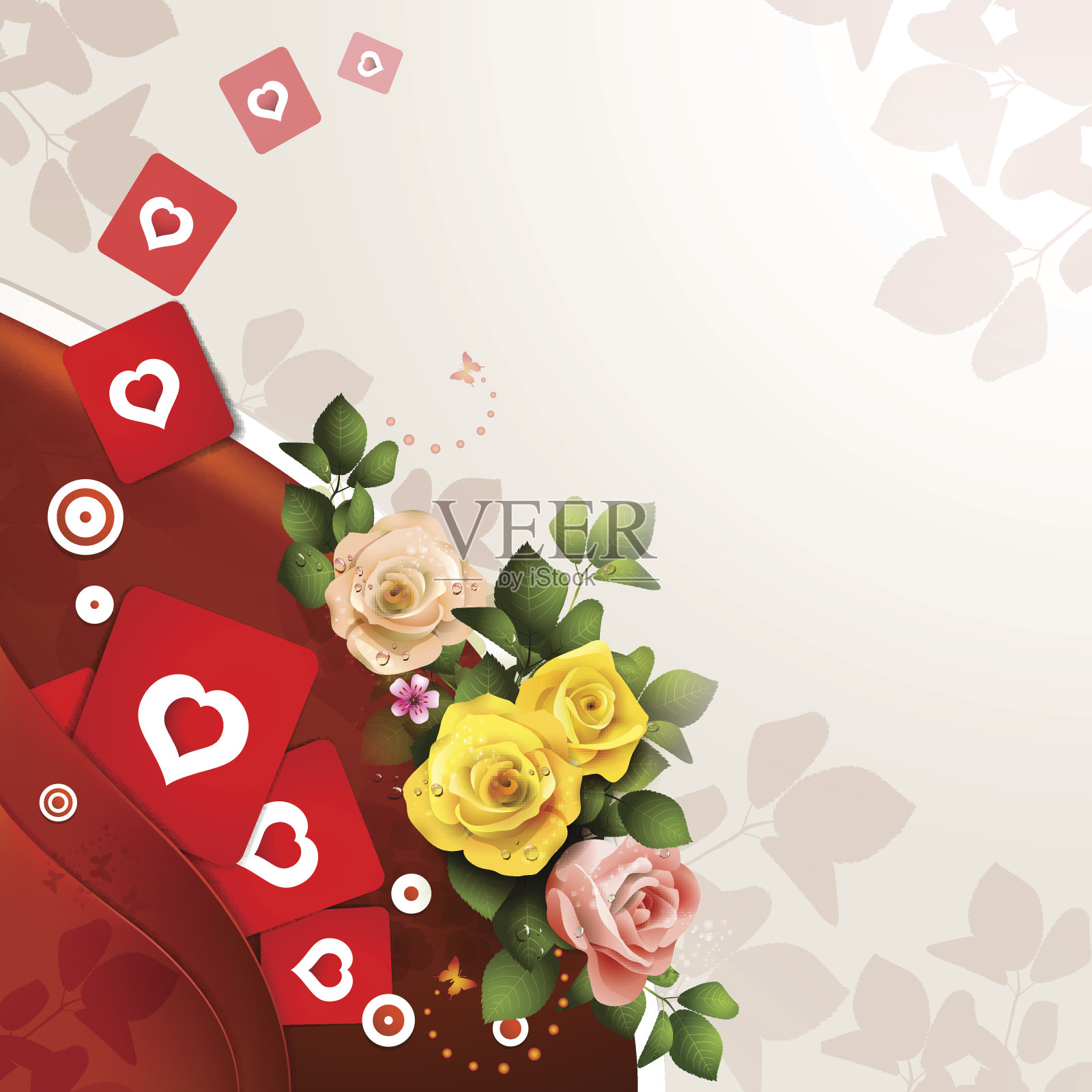 红色背景与玫瑰和蝴蝶设计模板素材