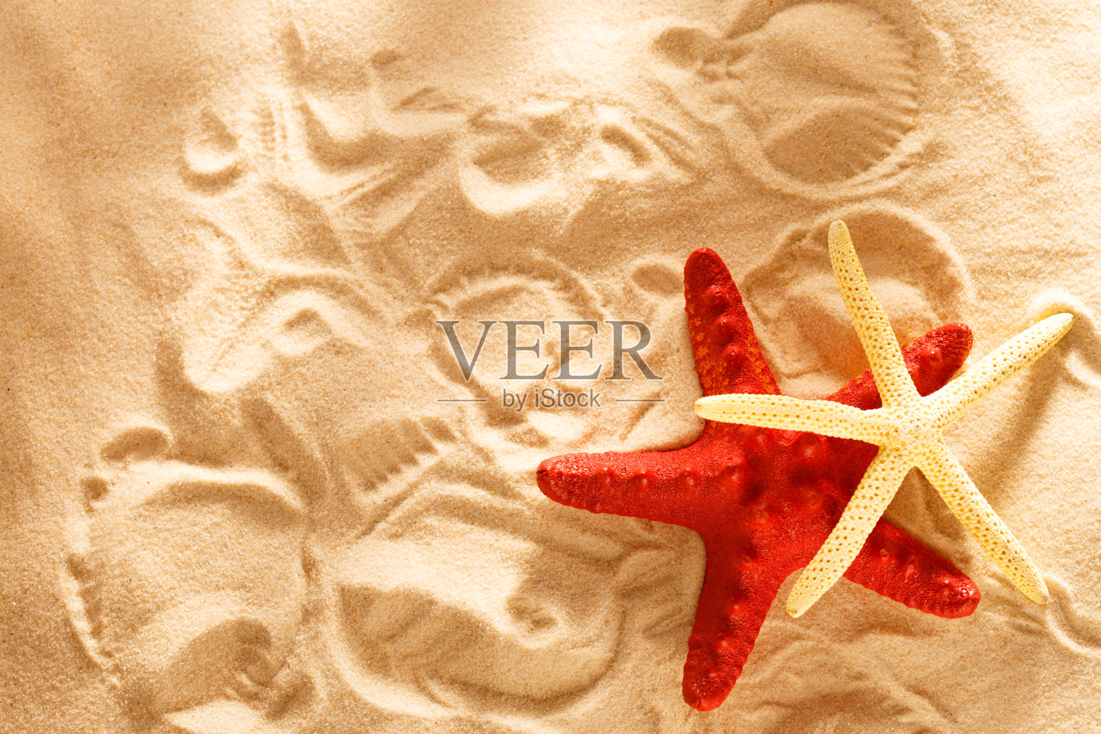 两颗海星和沙滩上的脚印照片摄影图片
