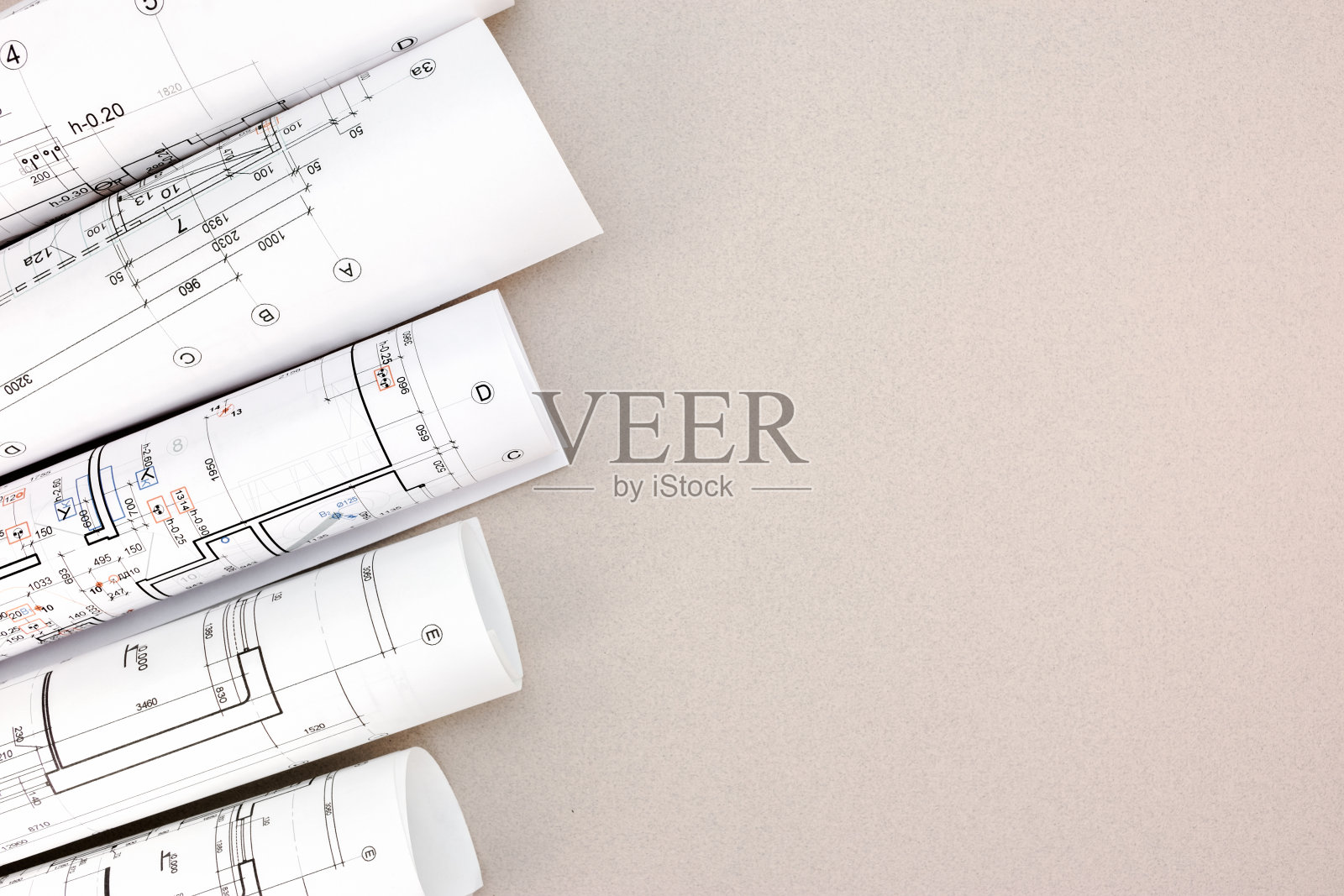 建筑蓝图，卷筒和技术图纸照片摄影图片