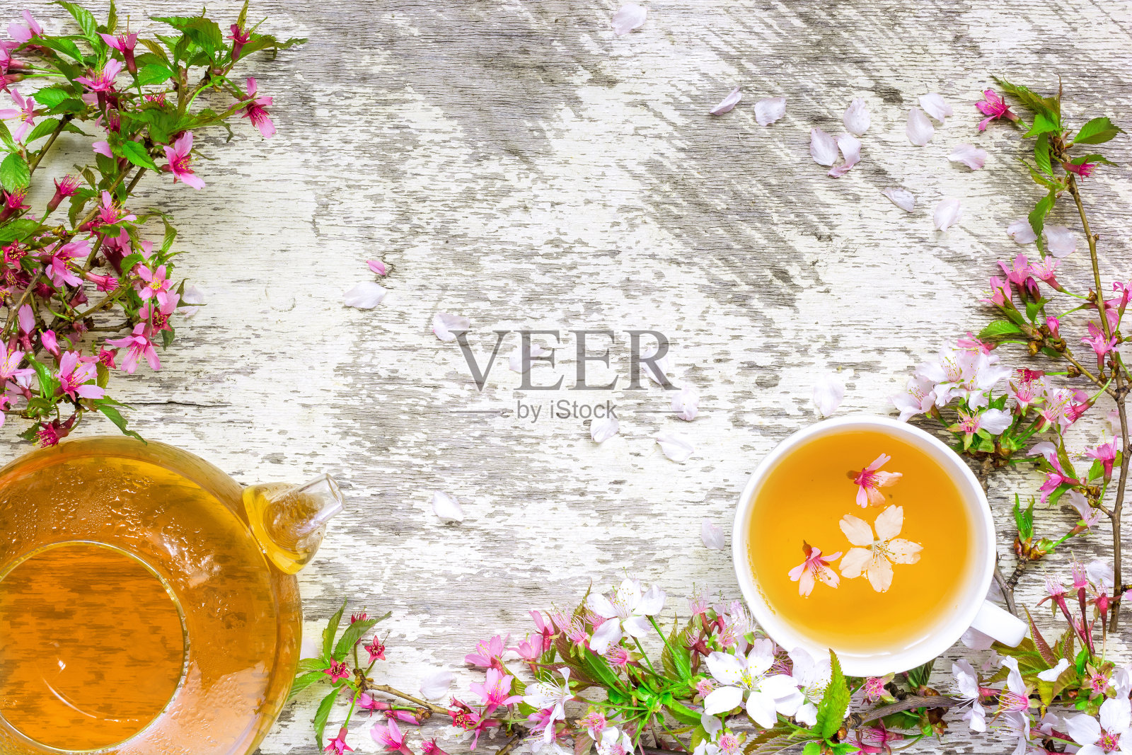 一杯绿茶和茶壶，上面有盛开的樱花和樱桃枝照片摄影图片