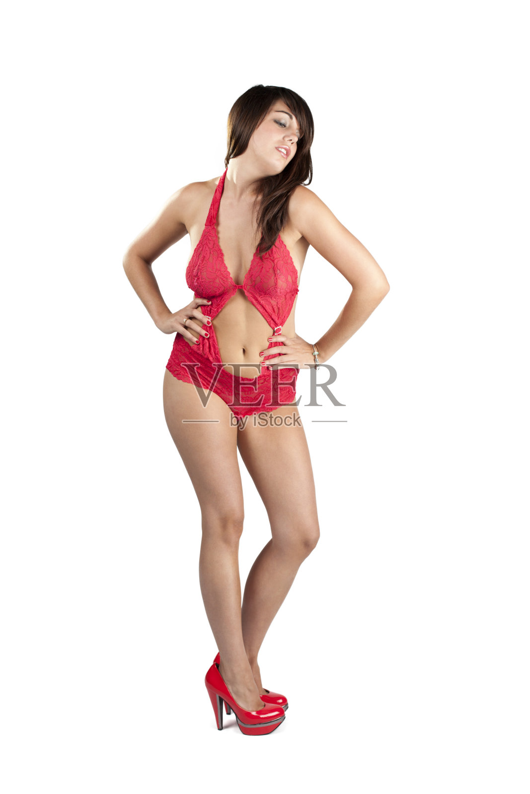 黑发女孩在内衣孤立的白色照片摄影图片