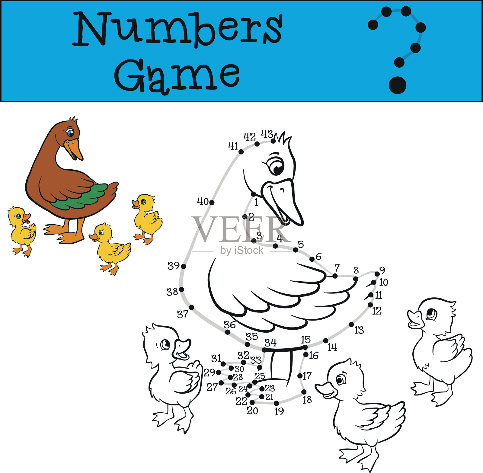 数字游戏与轮廓。鸭妈妈和可爱的小鸭子插画图片素材